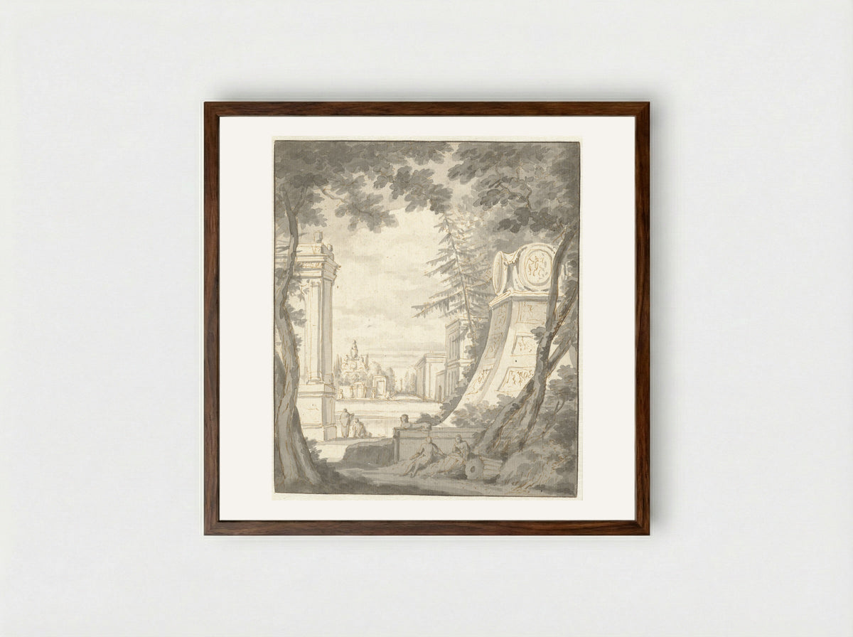 Parklandschap met monumenten en classicistische architectuur - Frederik de Moucheron - Framed Print Dark Wood