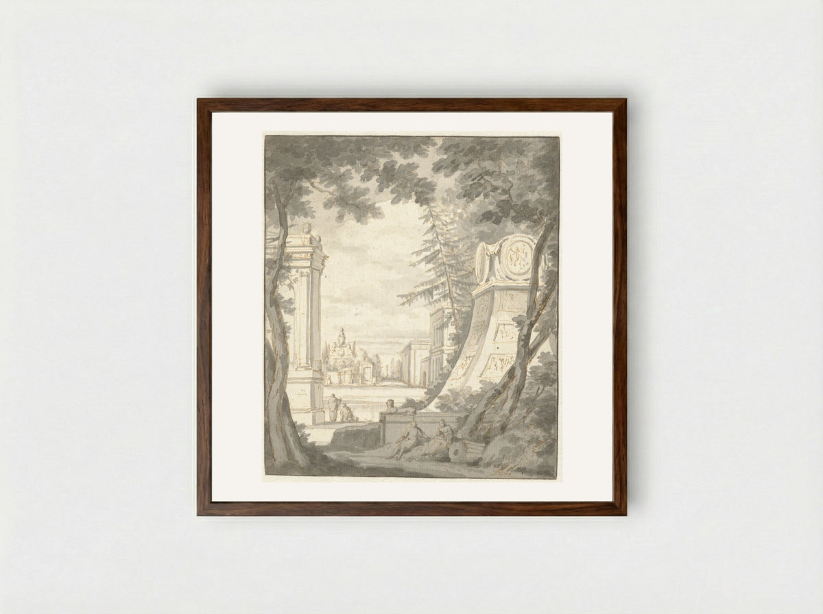 Parklandschap met monumenten en classicistische architectuur - Frederik de Moucheron - Framed Print Dark Wood