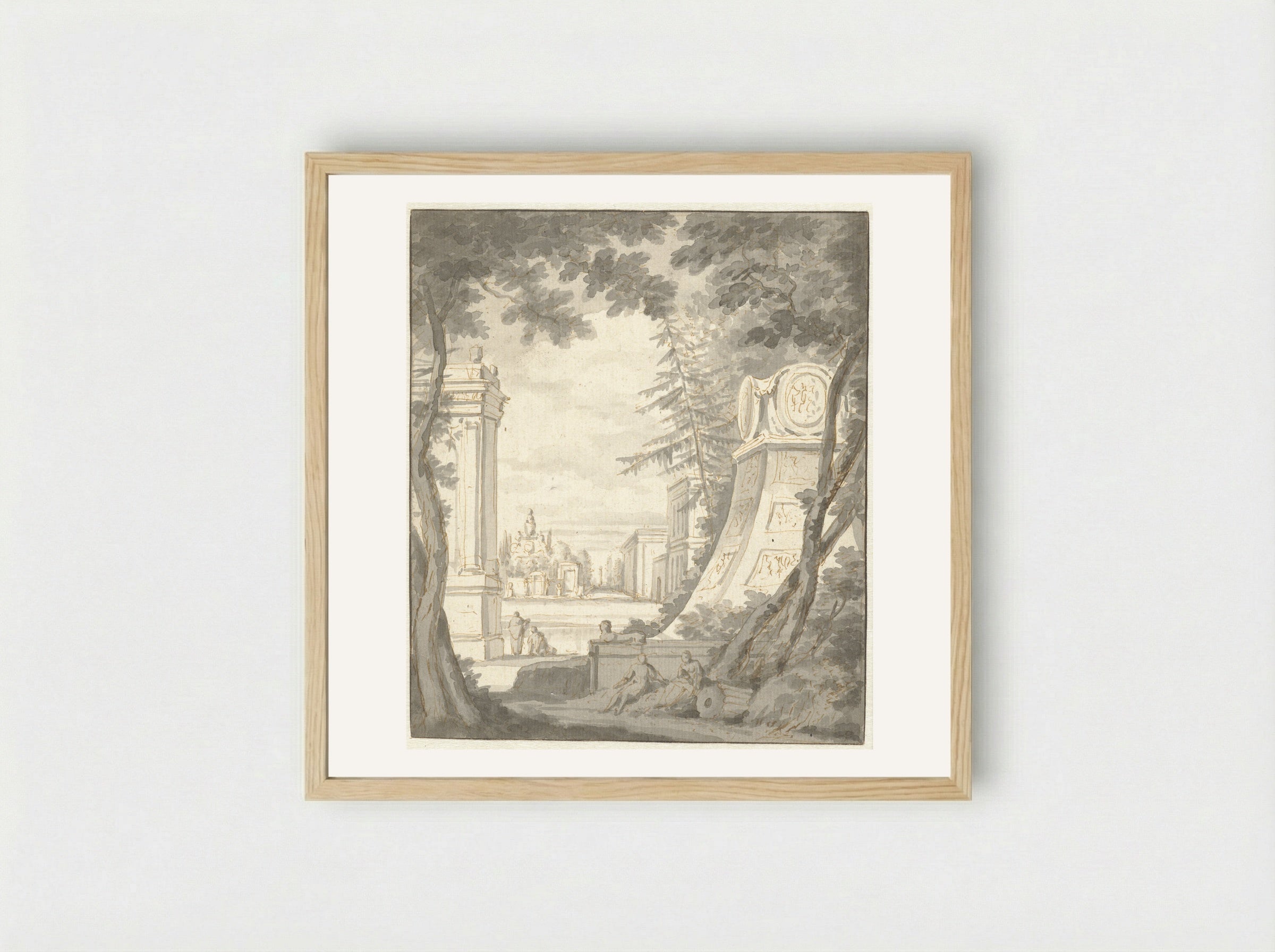 Parklandschap met monumenten en classicistische architectuur - Frederik de Moucheron - Framed Print Wood
