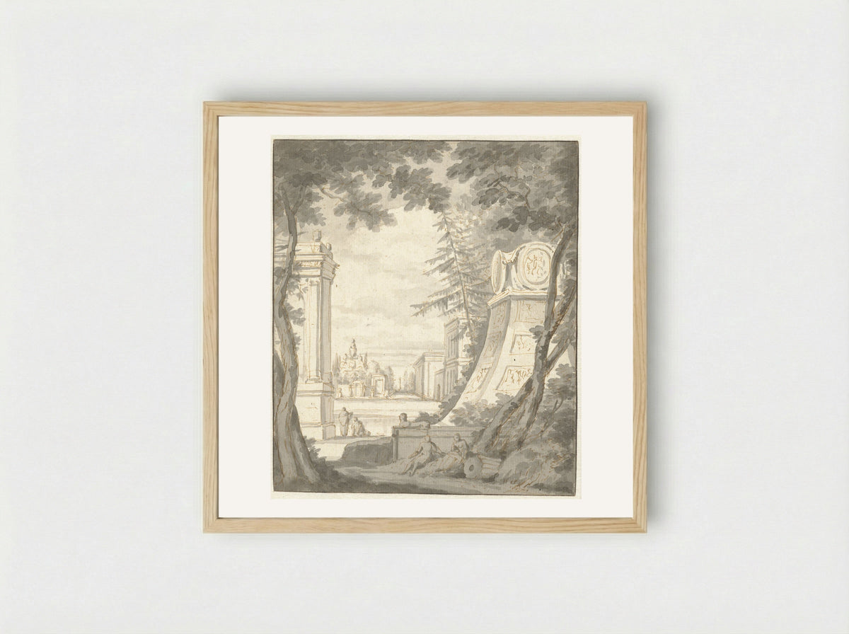 Parklandschap met monumenten en classicistische architectuur - Frederik de Moucheron - Framed Print Wood