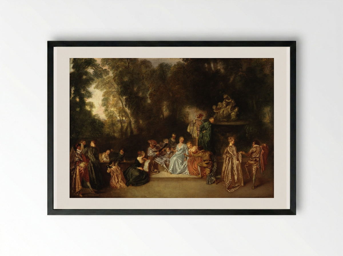 Party in the Open Air - Antoine Watteau - Framed Print Black