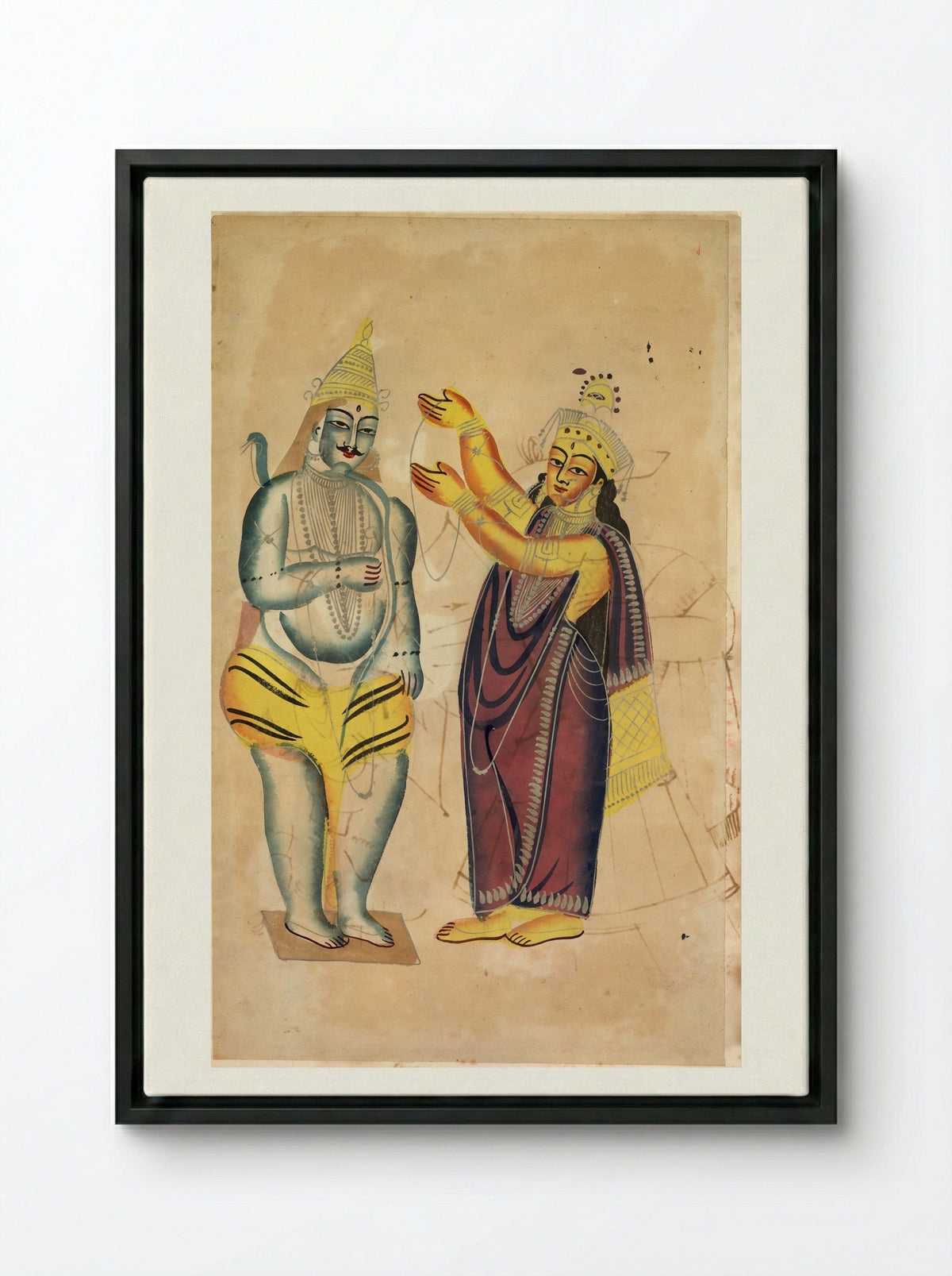 Parvati Placing a Wedding Garland on Shiva - Kalighat School - Framed Canvas Black