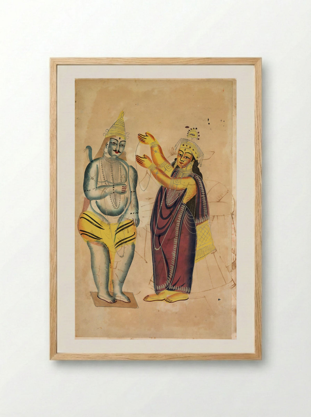 Parvati Placing a Wedding Garland on Shiva - Kalighat School - Framed Print Wood