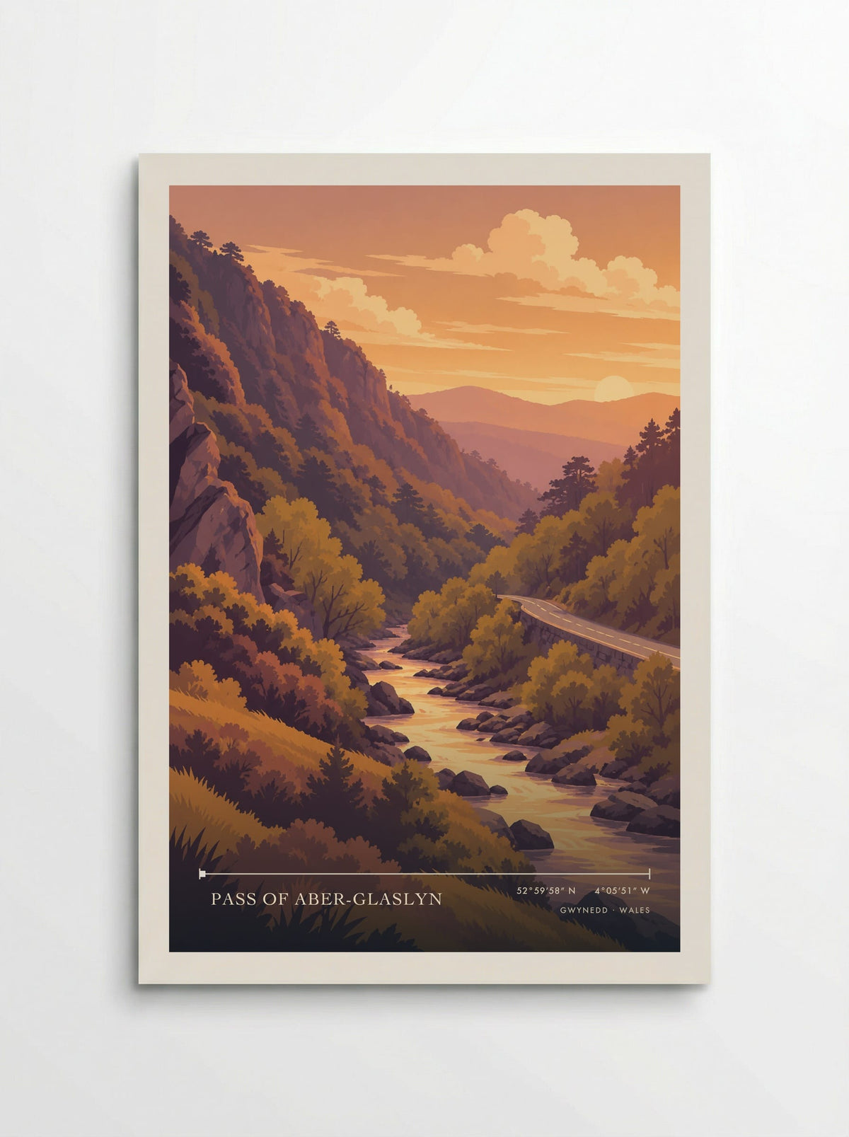 Pass of Aber-Glaslyn, Gwynedd travel poster: a rocky river, steep wooded slopes, autumn foliage and a curving hillside road beneath a warm evening sky