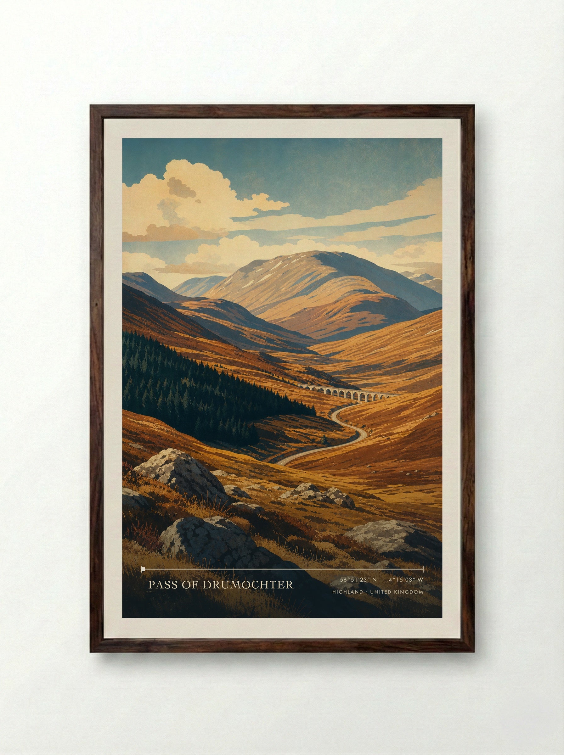 Pass of Drumochter Highland United Kingdom Travel Poster - Framed Print Dark Wood