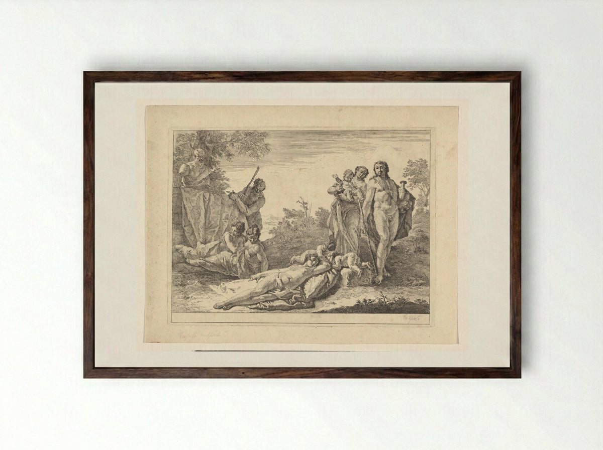 Pastorale scène bij een herme van Pan - Francesco Fontebasso - Framed Print Dark Wood