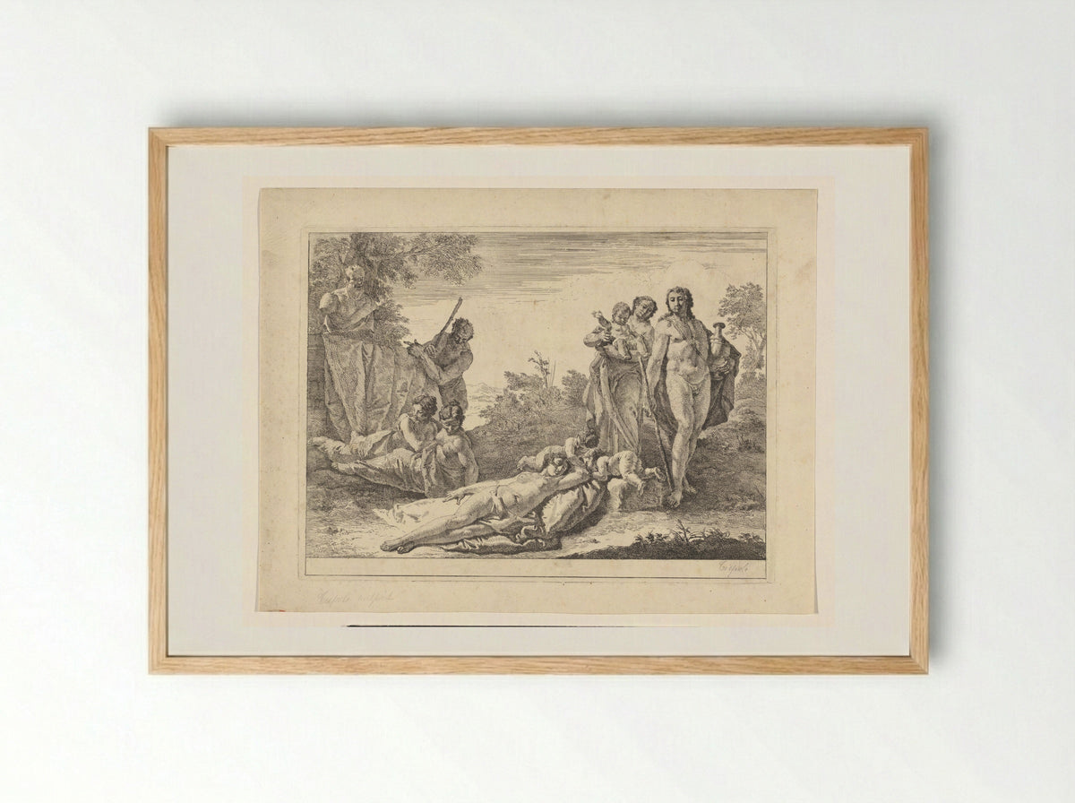 Pastorale scène bij een herme van Pan - Francesco Fontebasso - Framed Print Wood
