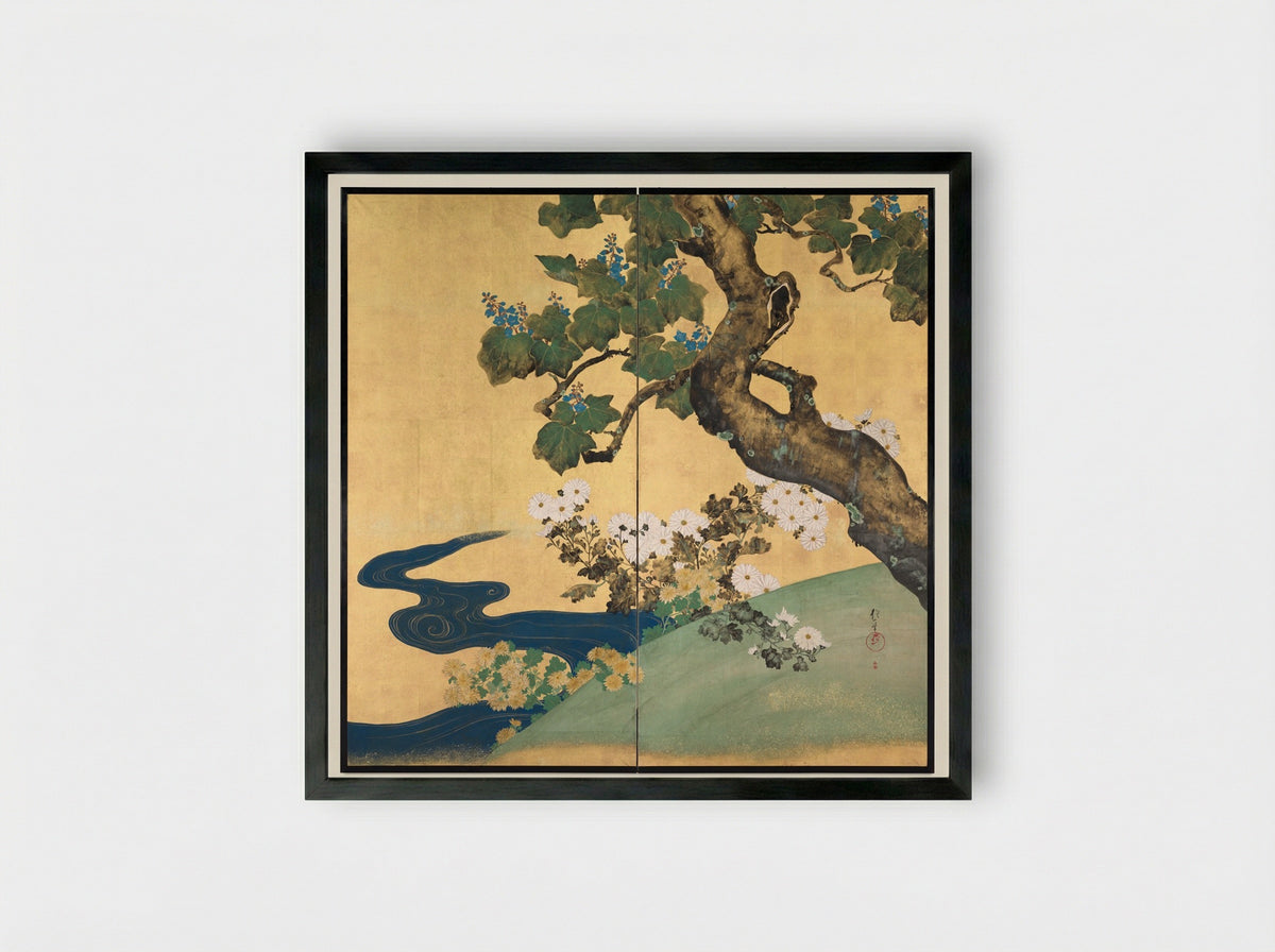Paulownias and Chrysanthemums - Sakai Hōitsu - Framed Print Black