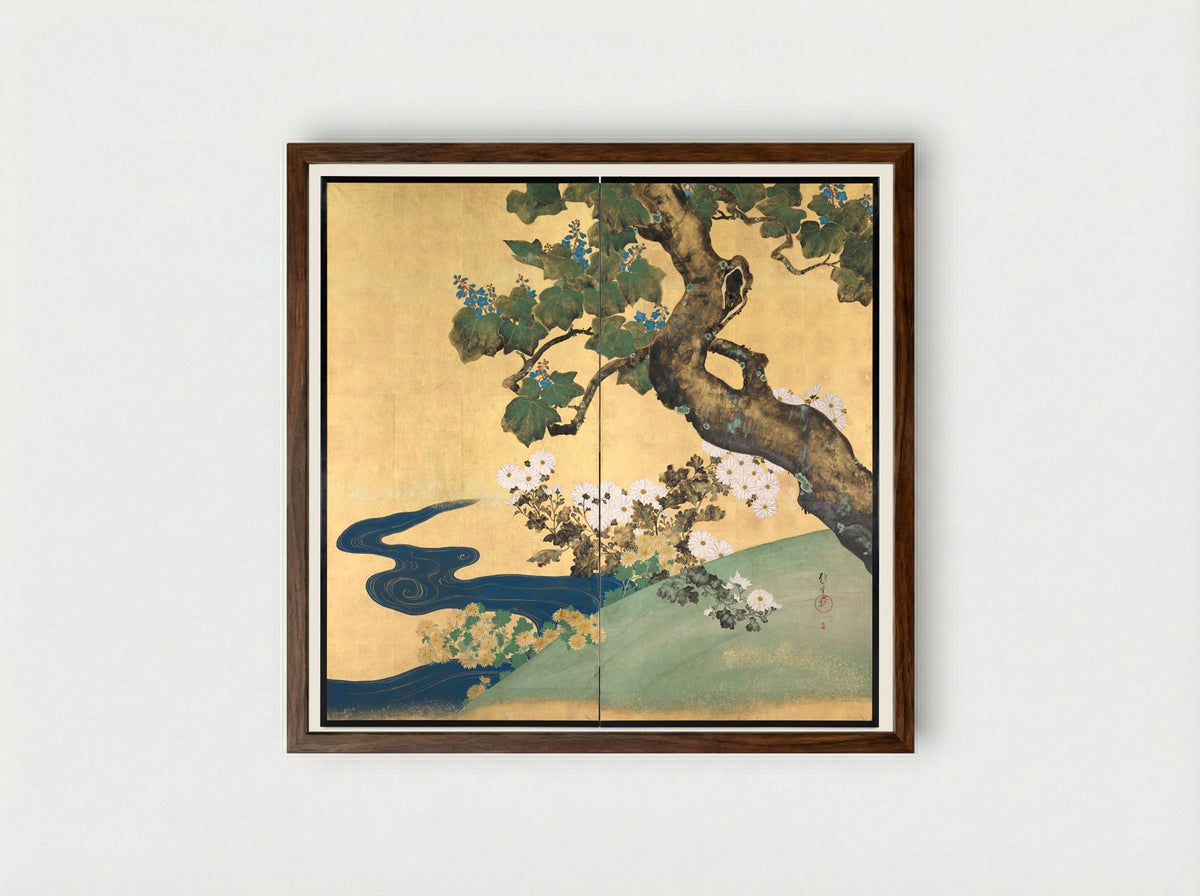 Paulownias and Chrysanthemums - Sakai Hōitsu - Framed Print Dark Wood