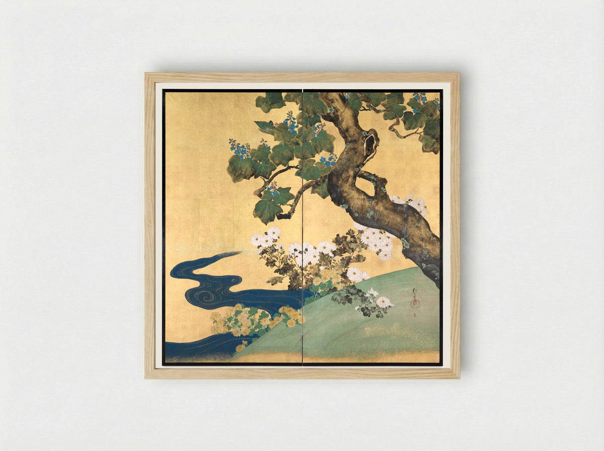 Paulownias and Chrysanthemums - Sakai Hōitsu - Framed Print Wood