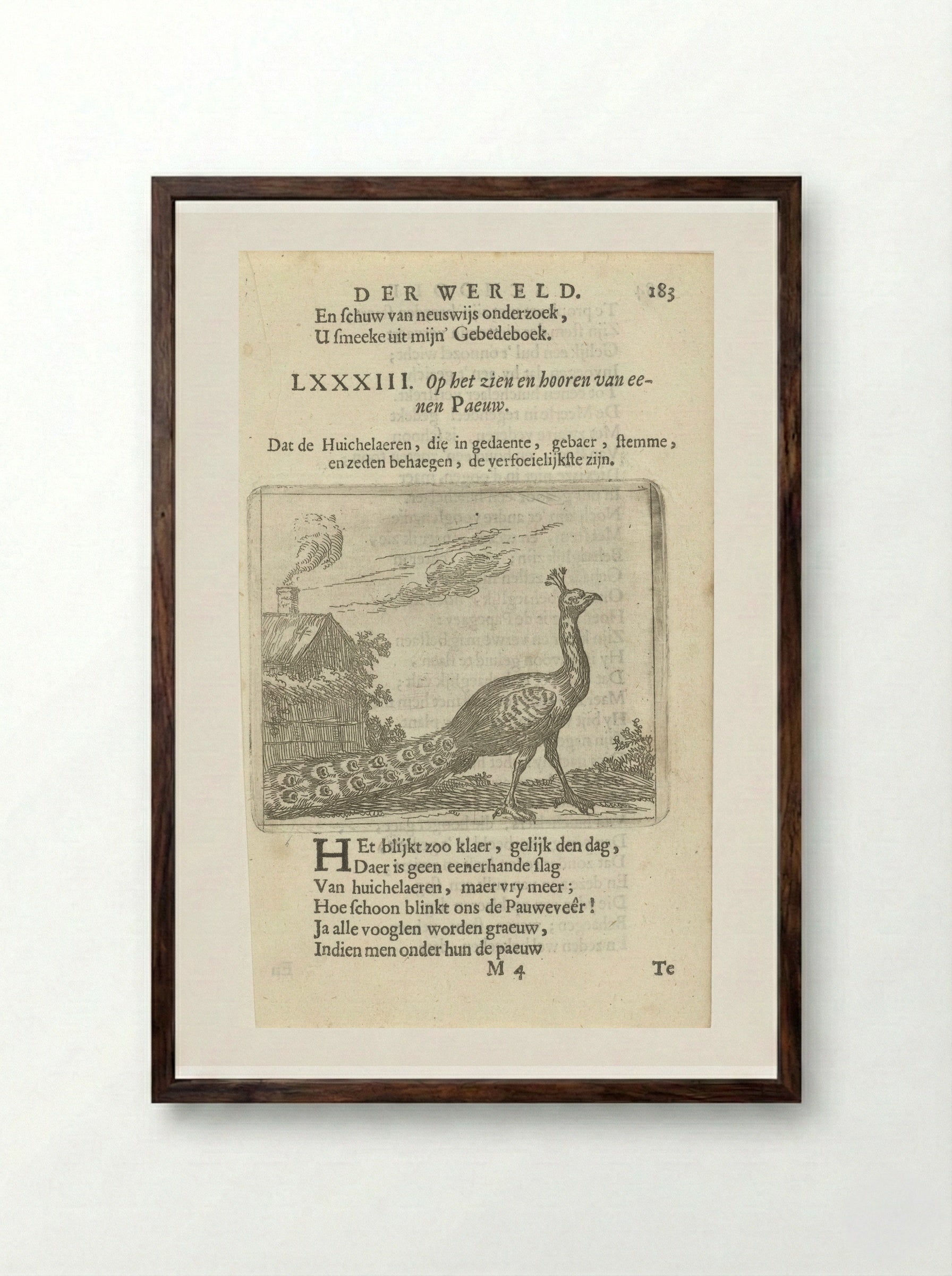 Pauw bij een huis (Peacock by a House) - Arnold Houbraken - Framed Print Dark Wood