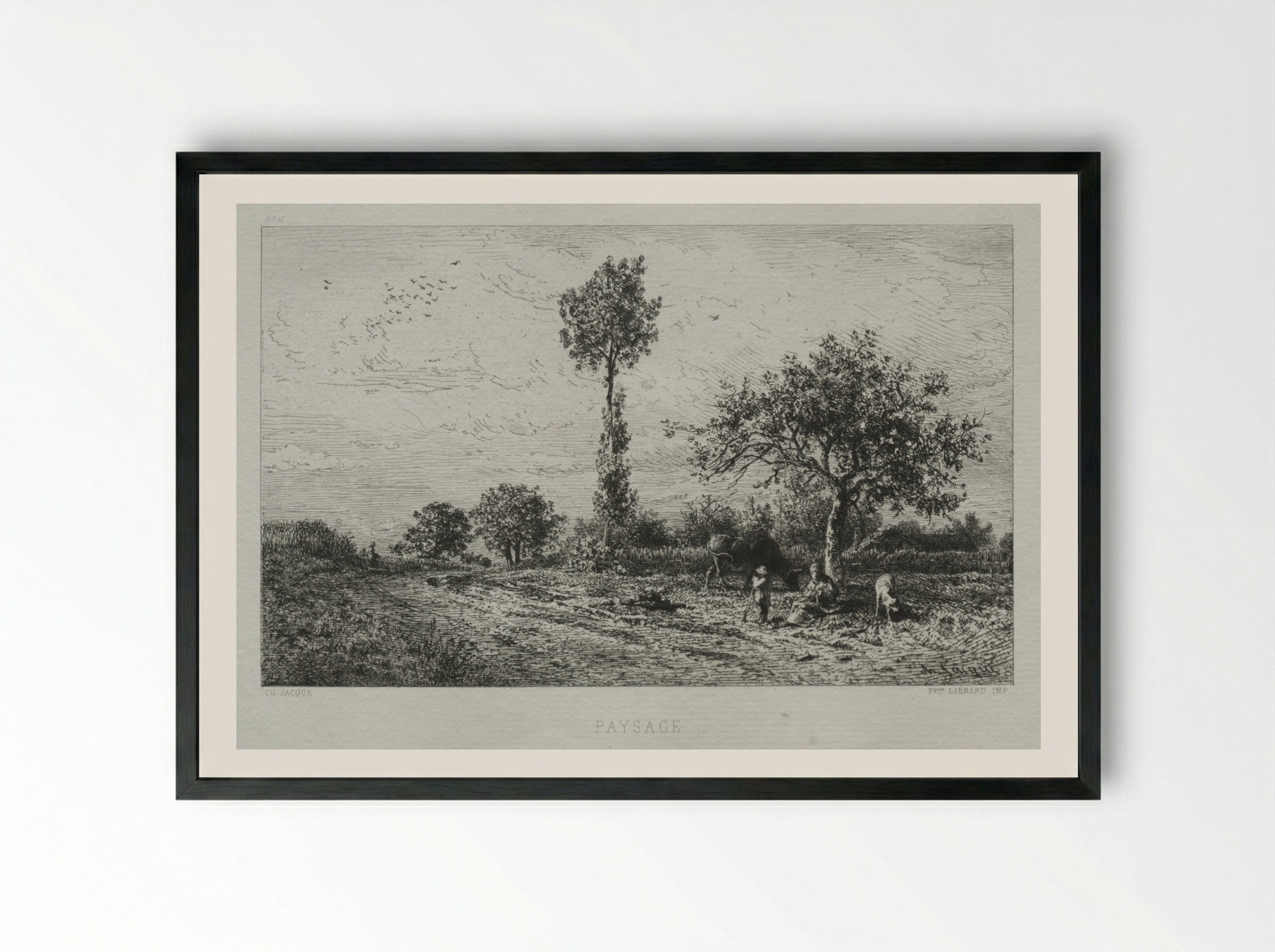 Paysage (Rural Scene with Figures) - Charles-Émile Jacque - Framed Print Black