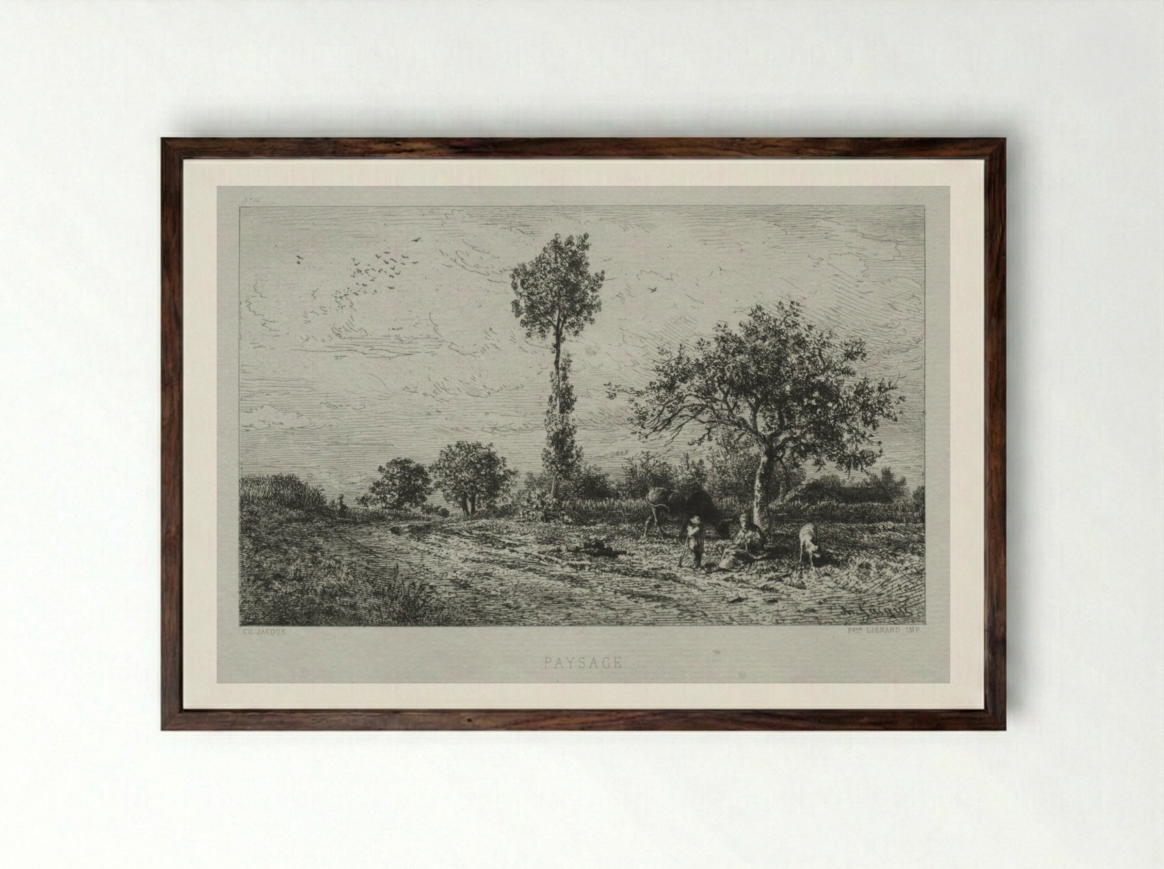 Paysage (Rural Scene with Figures) - Charles-Émile Jacque - Framed Print Dark Wood