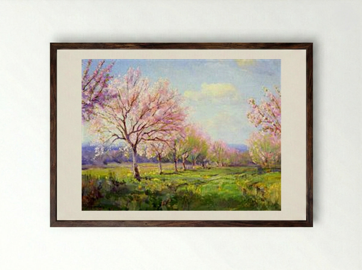 Peach Orchard on Mavericks Farm - Robert Julian Onderdonk - Framed Print Dark Wood