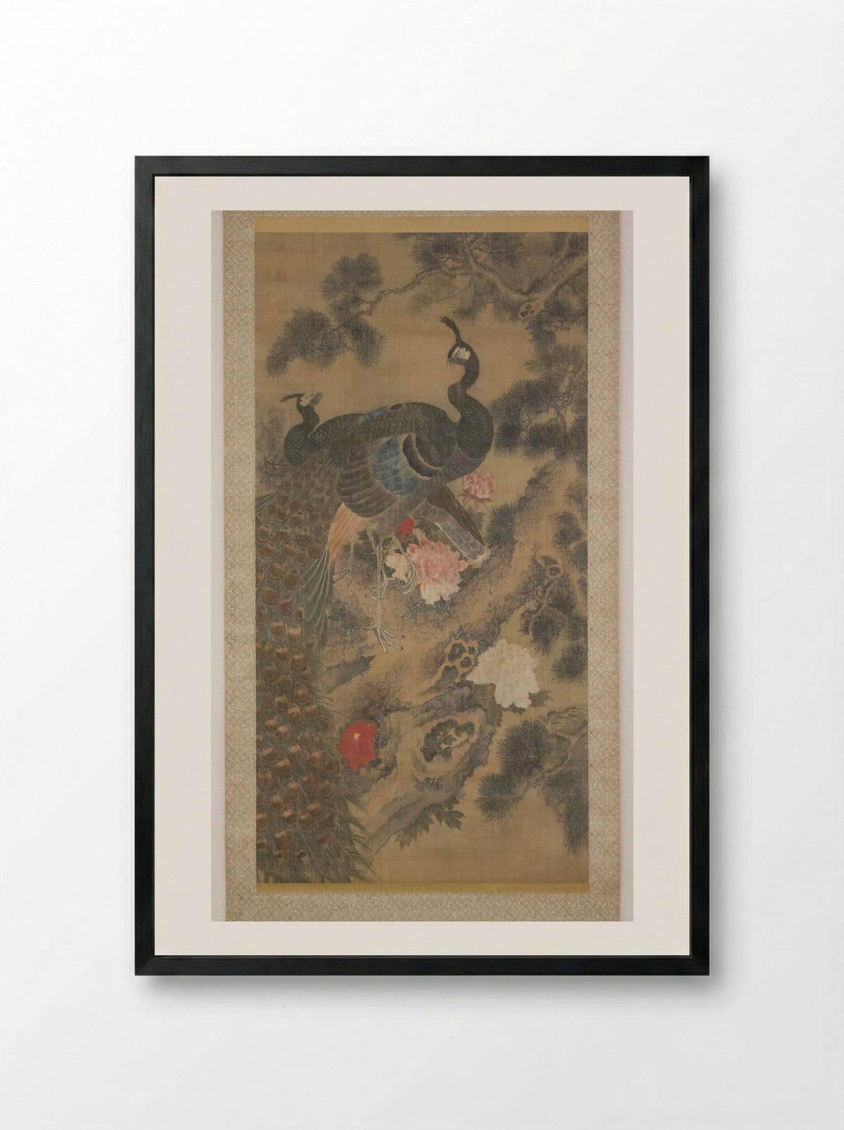 Peacocks, Pine Tree, and Peonies - Lü Ji - Framed Print Black