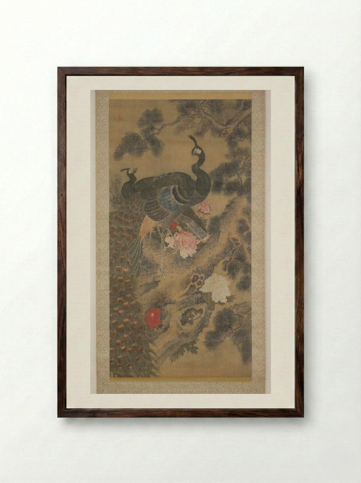 Peacocks, Pine Tree, and Peonies - Lü Ji - Framed Print Dark Wood
