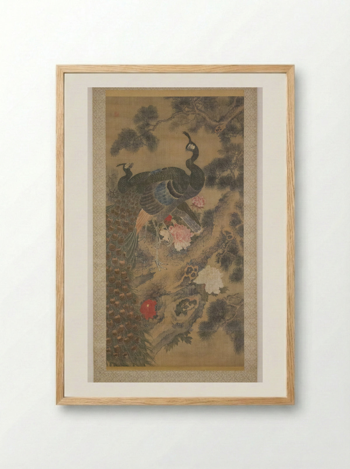 Peacocks, Pine Tree, and Peonies - Lü Ji - Framed Print Wood