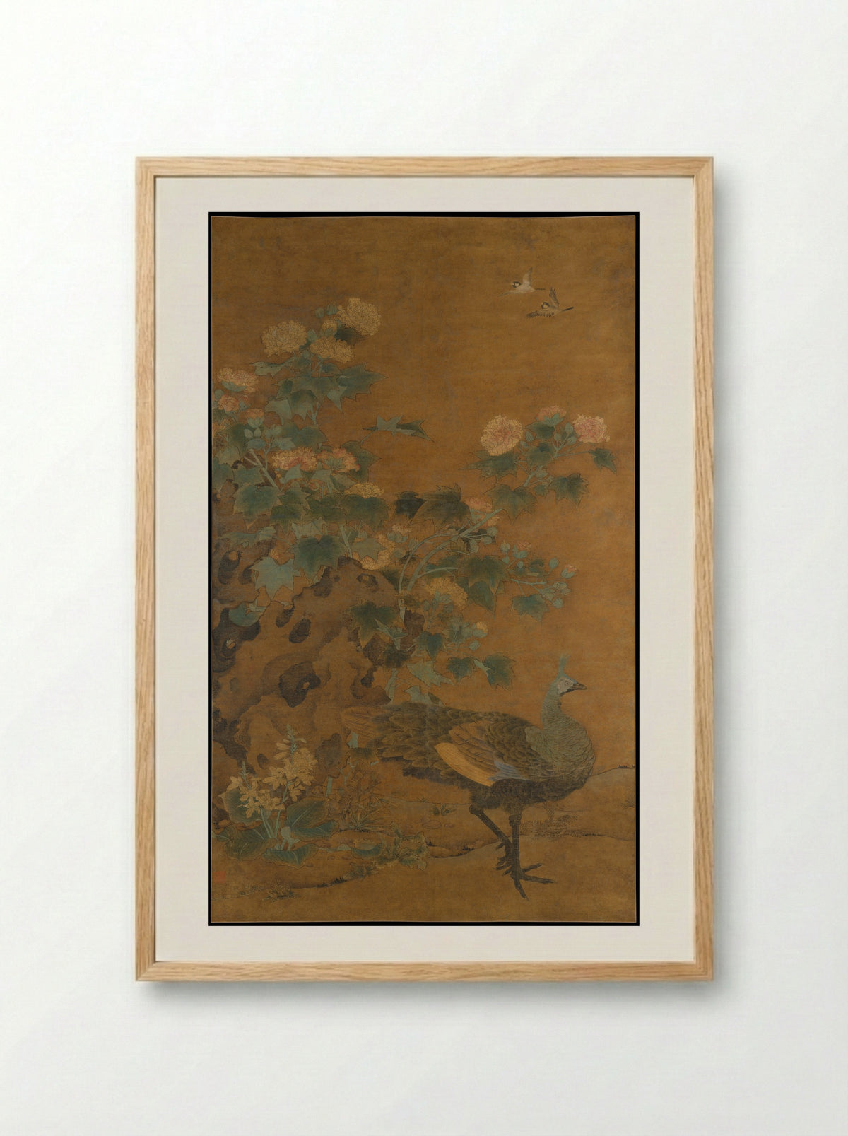 Peahen and Hibiscus - Bian Lu - Framed Print Wood