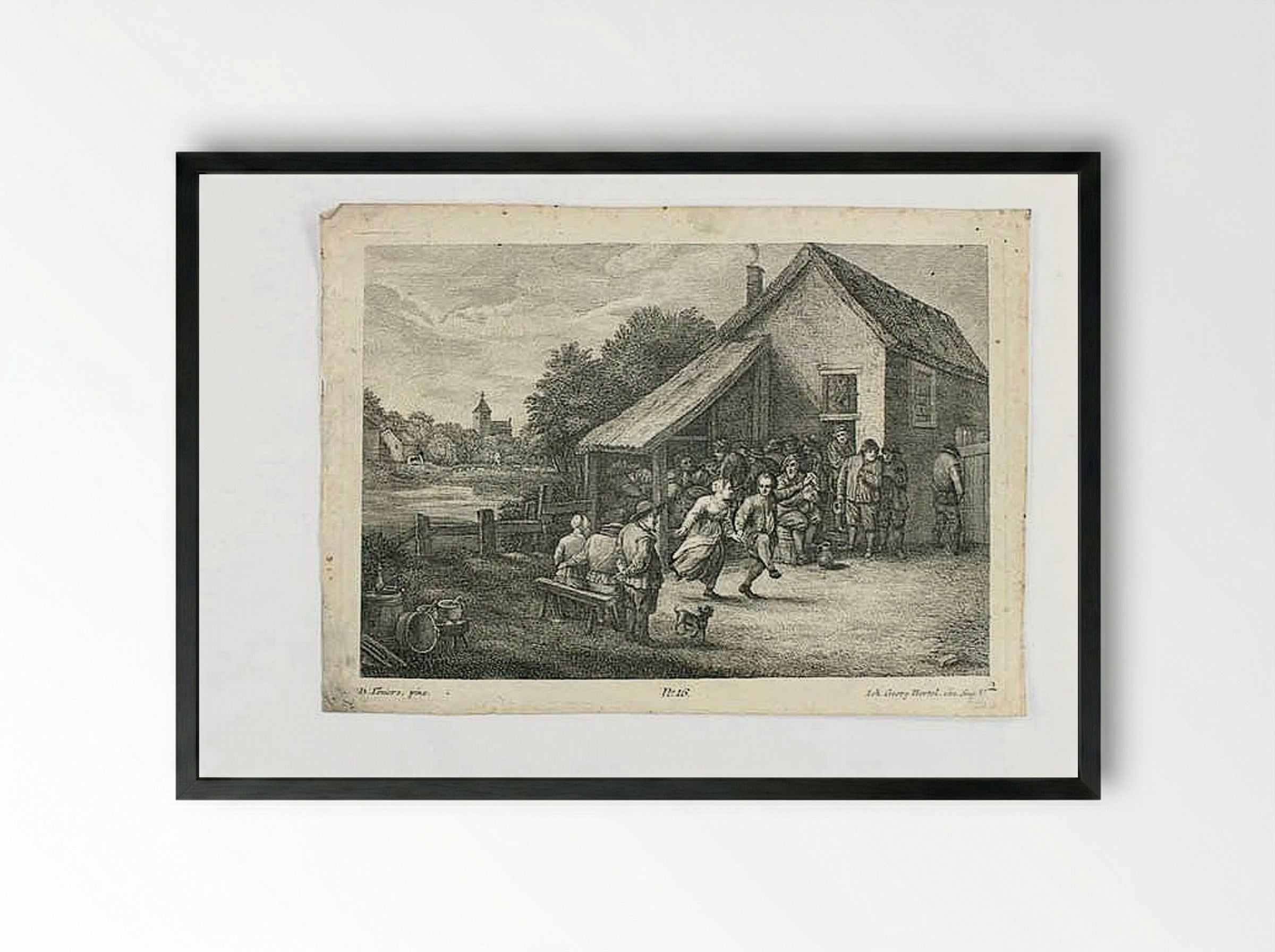 Peasant Scene Outside an Inn - Johann Georg Hertel (II) - Framed Print Black
