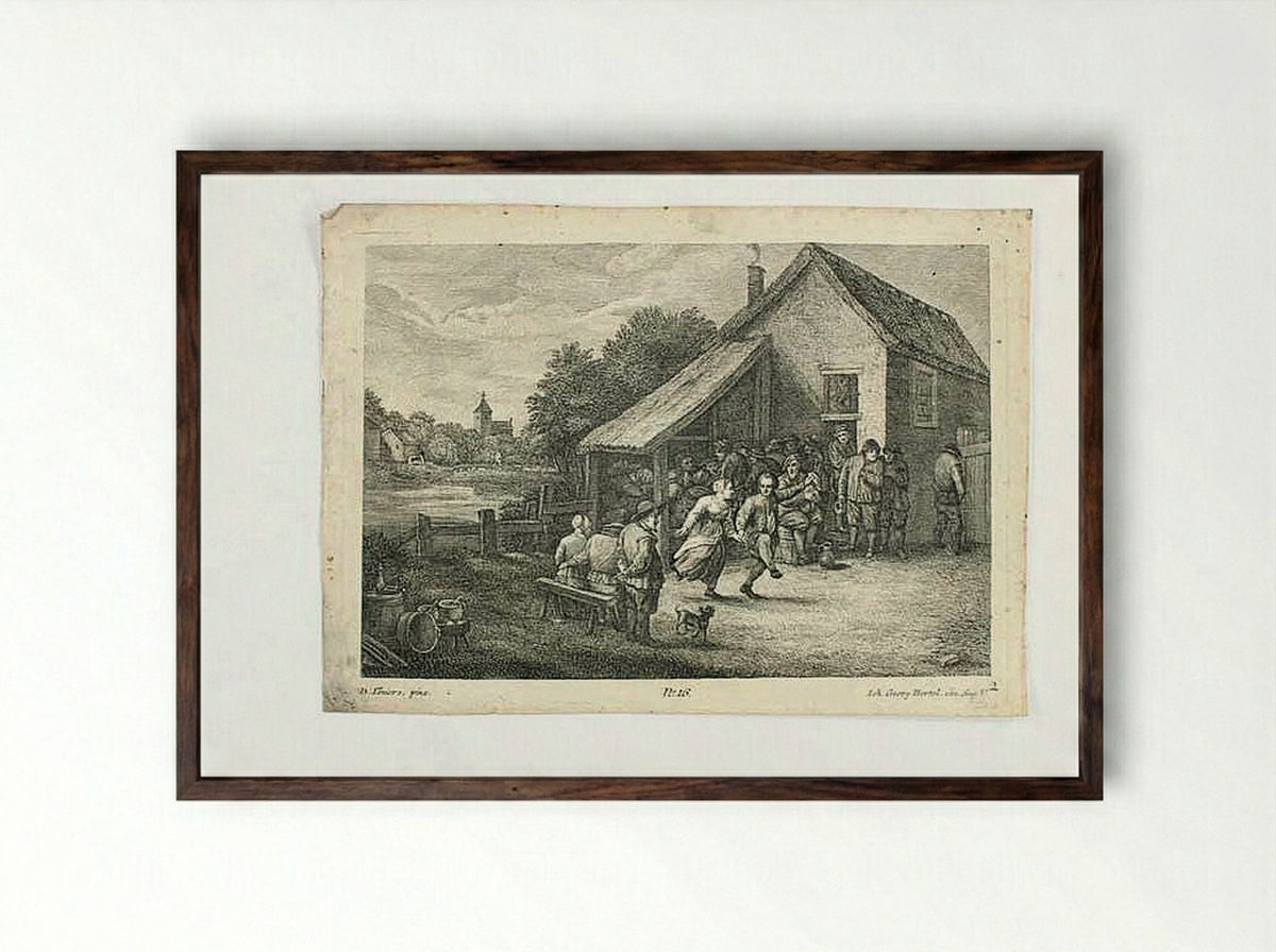 Peasant Scene Outside an Inn - Johann Georg Hertel (II) - Framed Print Dark Wood
