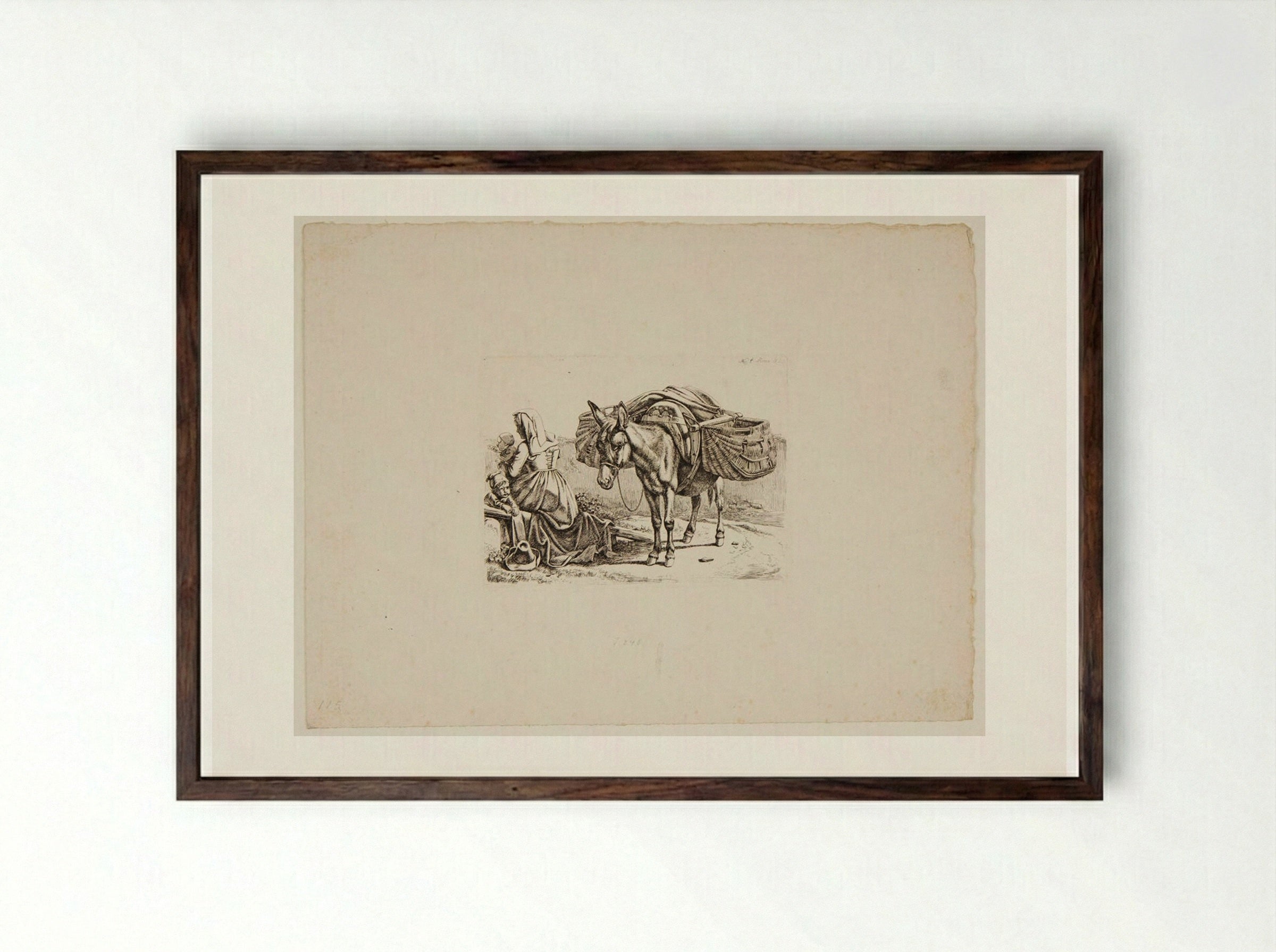 Peasant Woman, Children, and Laden Ass - Johann Adam Klein - Framed Print Dark Wood