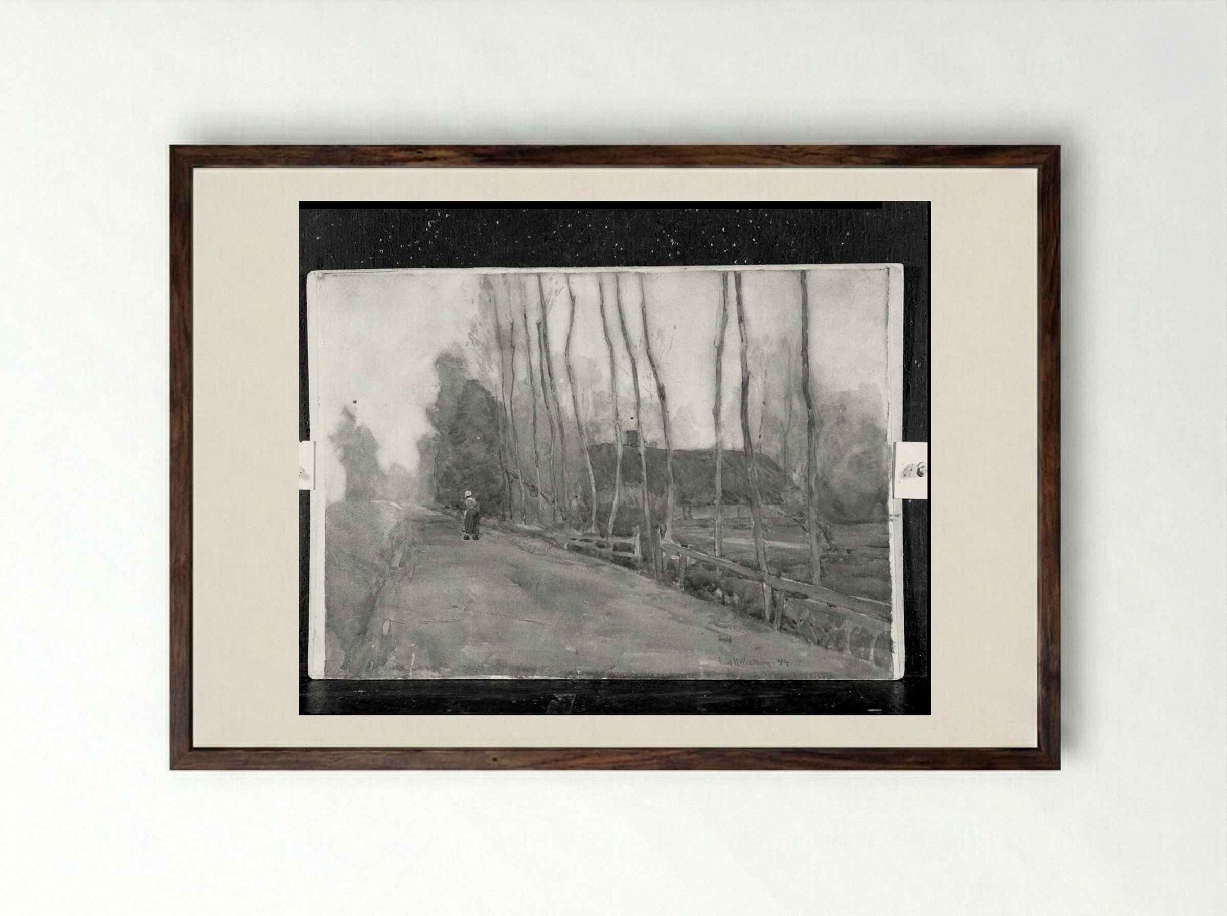 Peasant Woman on a Country Road - Charles Herbert Woodbury - Framed Print Dark Wood