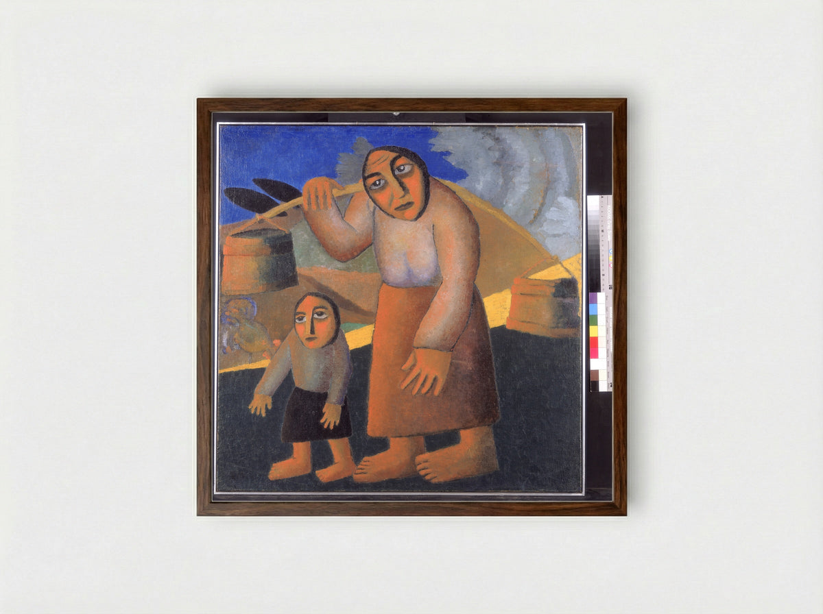 Peasant Woman with Buckets and a Child - Kazimir Malevich - Framed Print Dark Wood