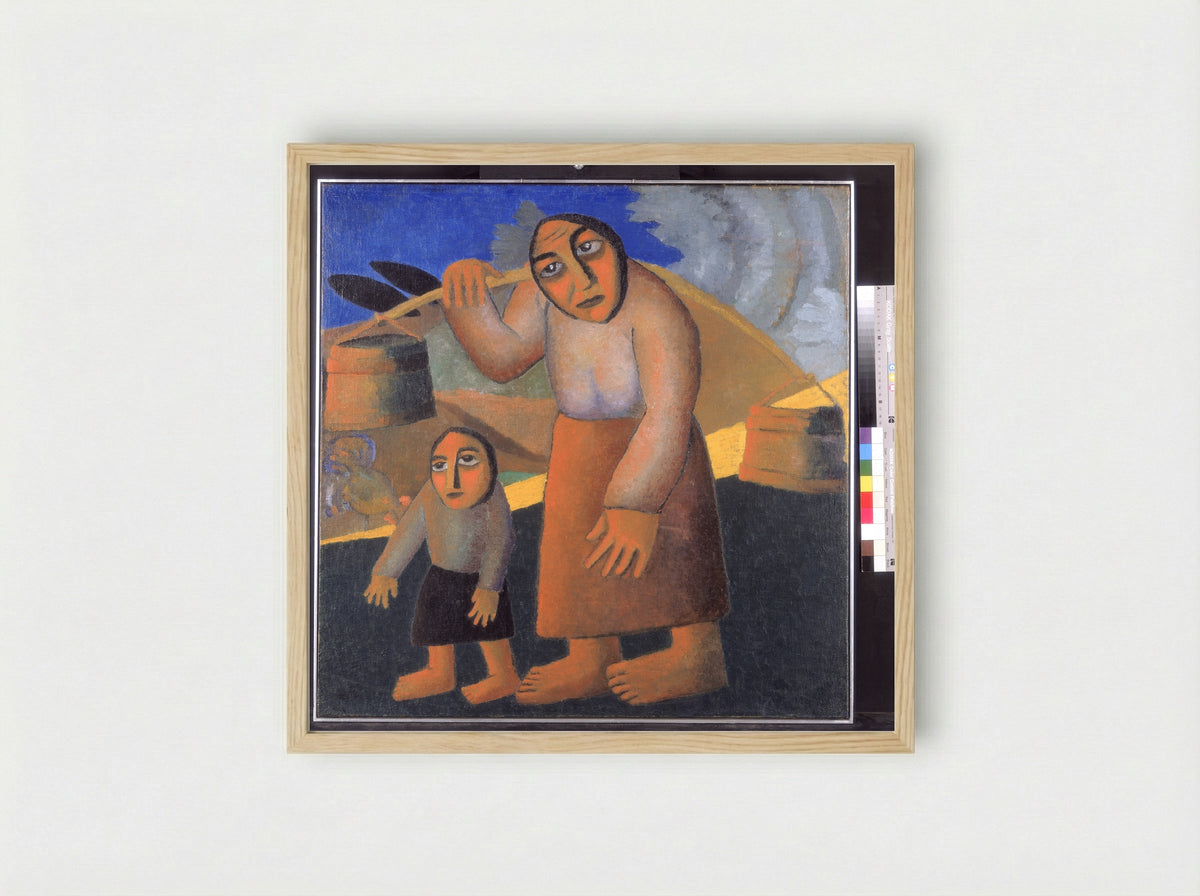 Peasant Woman with Buckets and a Child - Kazimir Malevich - Framed Print Wood