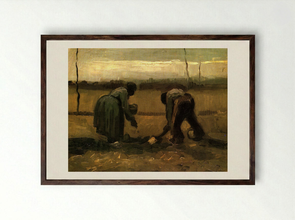 Peasant and Peasant Woman Planting Potatoes - Vincent van Gogh - Framed Print Dark Wood
