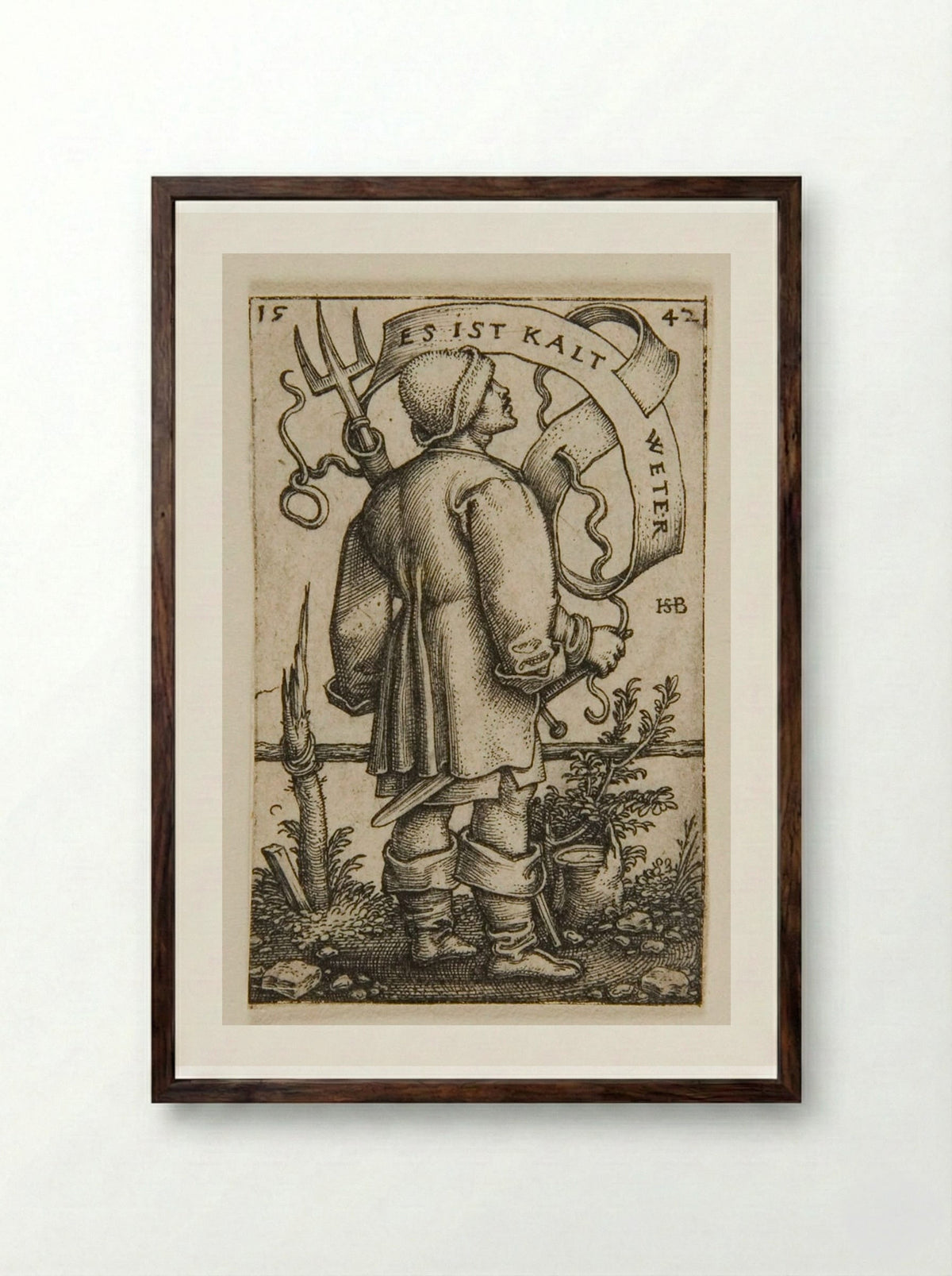 Peasant with a Fork (Cold Weather) - Sebald Beham - Framed Print Dark Wood