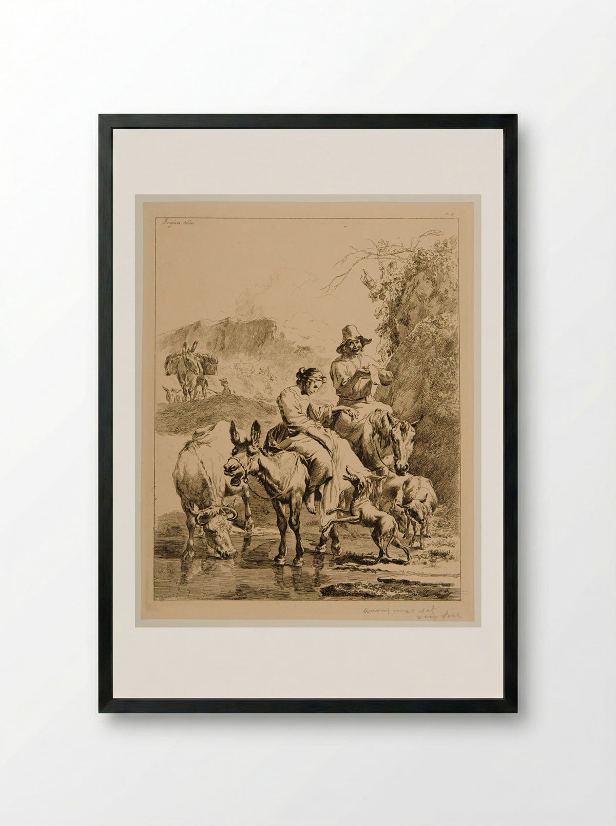 Peasants Crossing a Stream - Nicolaes Berchem - Framed Print Black