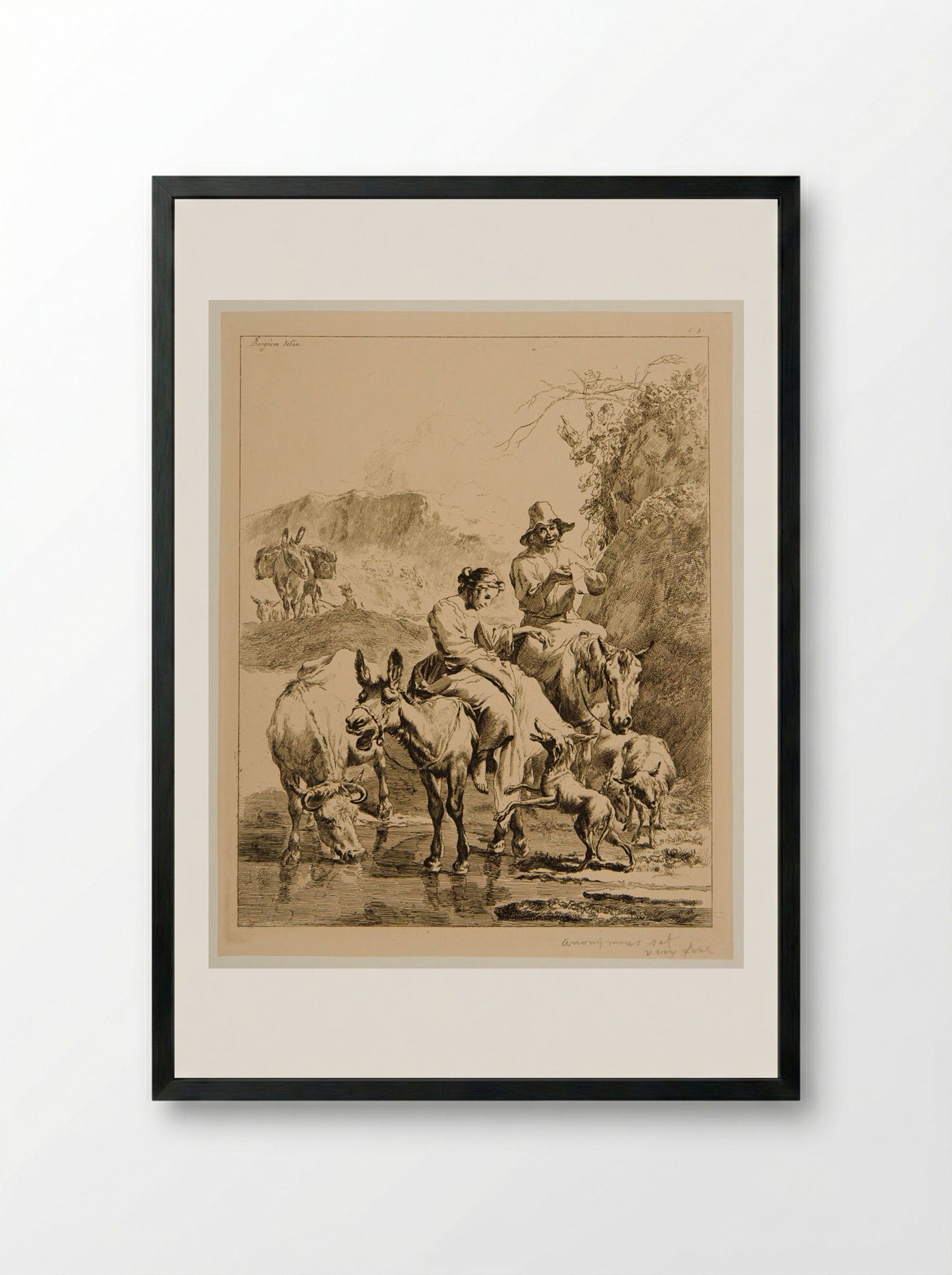 Peasants Crossing a Stream - Nicolaes Berchem - Framed Print Black