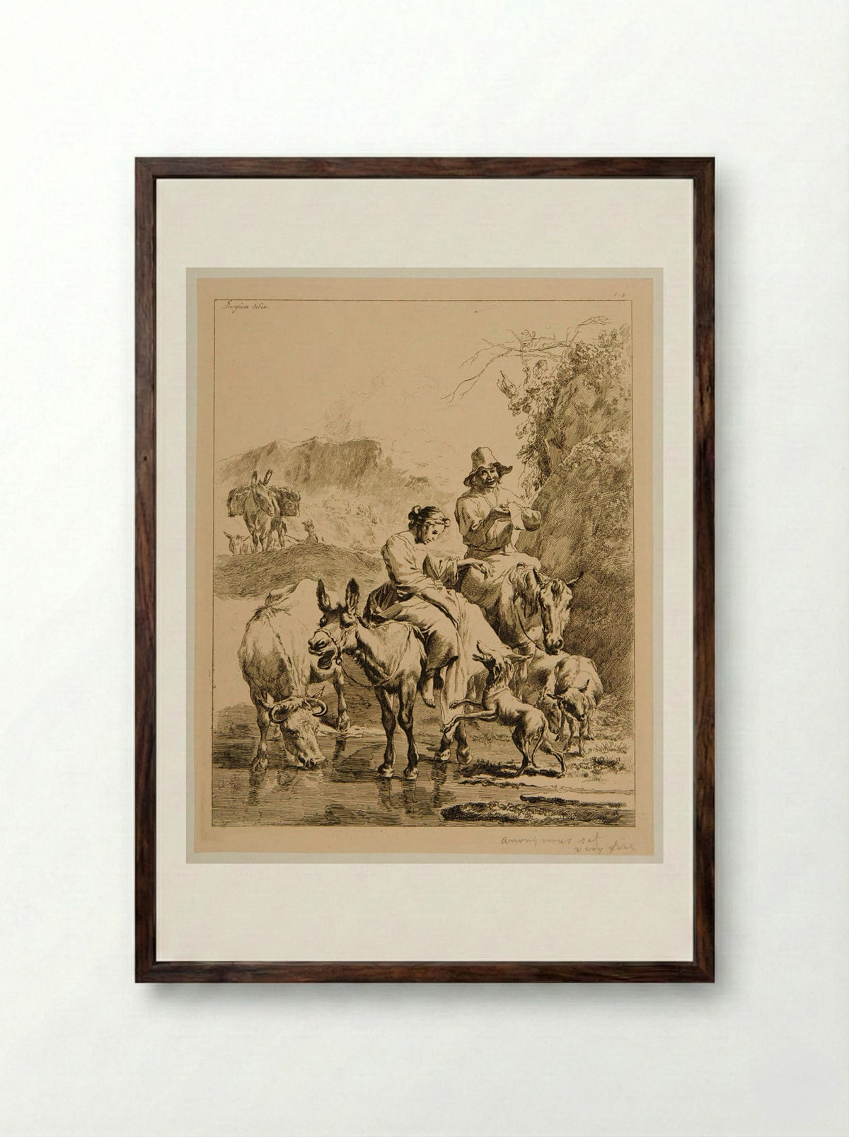 Peasants Crossing a Stream - Nicolaes Berchem - Framed Print Dark Wood