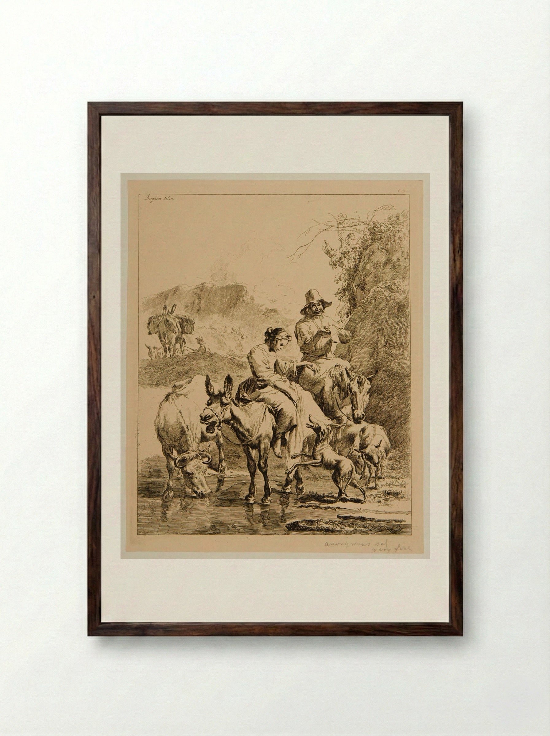 Peasants Crossing a Stream - Nicolaes Berchem - Framed Print Dark Wood