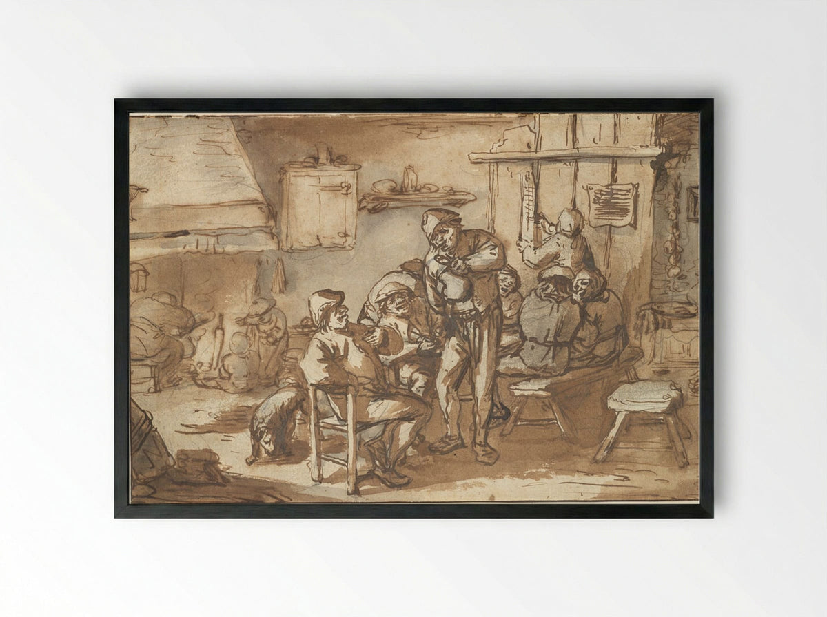 Peasants Drinking in an Inn - Adriaen van Ostade - Framed Print Black