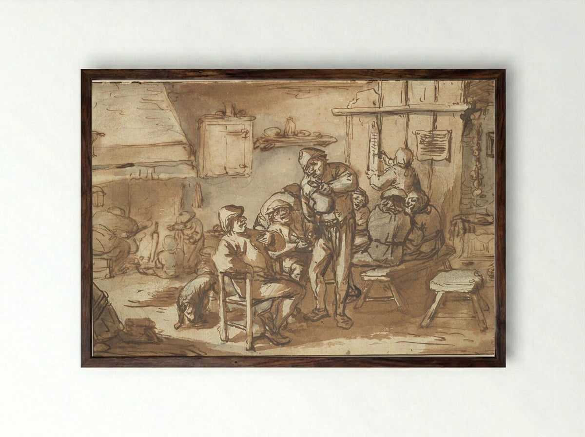 Peasants Drinking in an Inn - Adriaen van Ostade - Framed Print Dark Wood