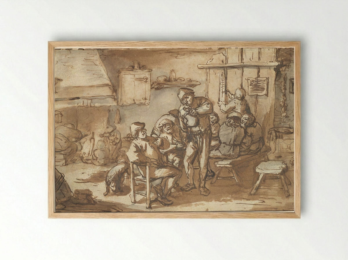 Peasants Drinking in an Inn - Adriaen van Ostade - Framed Print Wood