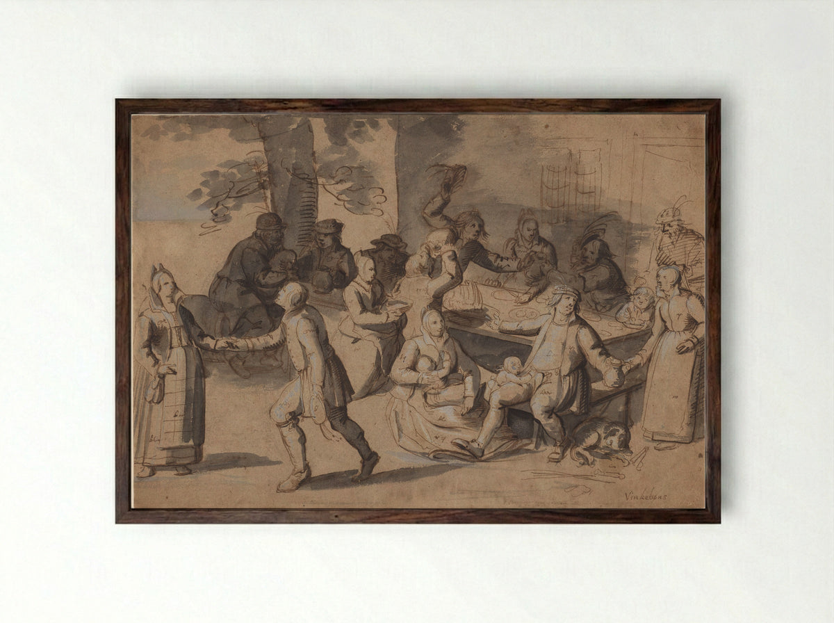Peasants Feasting at an Outdoor Table - David Vinckboons - Framed Print Dark Wood
