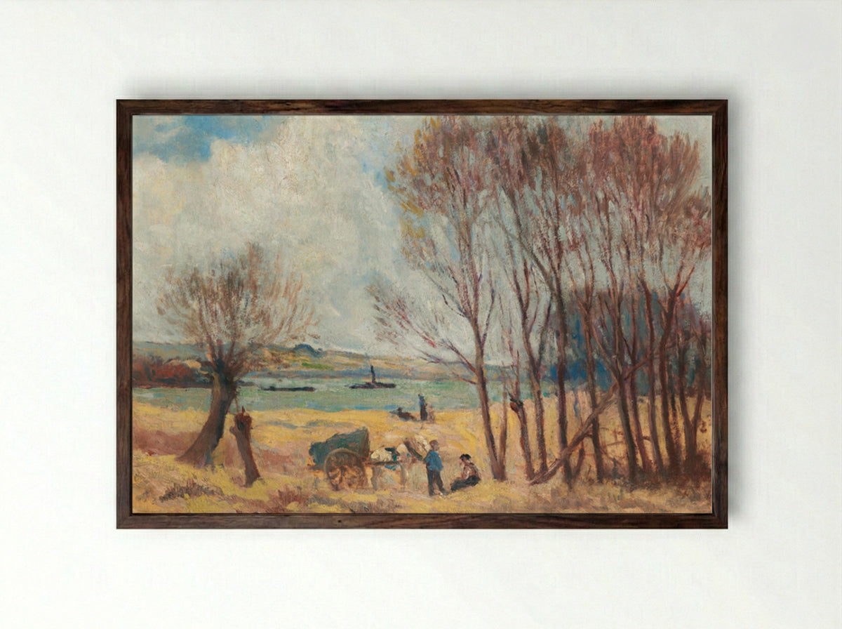 Peasants Near The Seine, Surroundings Of Rolleboise - Maximilien Luce - Framed Print Dark Wood