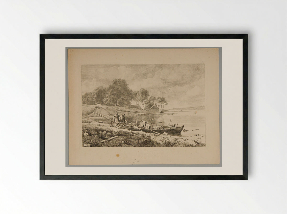 Peasants by the Fishing Boats - Johann Hermann Carmiencke - Framed Print Black