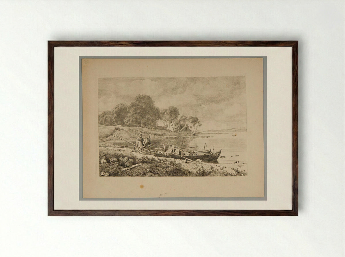 Peasants by the Fishing Boats - Johann Hermann Carmiencke - Framed Print Dark Wood