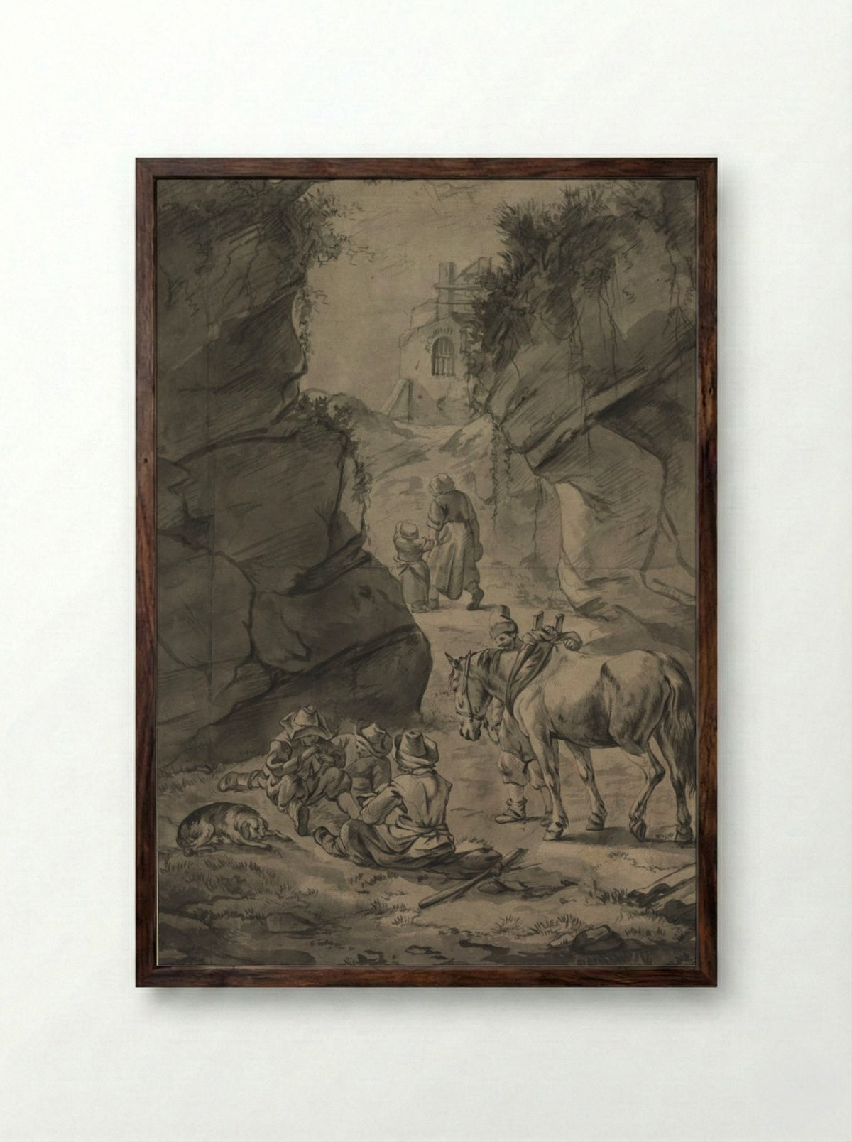 Peasants in a Rocky Landscape - Jan Wouwerman - Framed Print Dark Wood