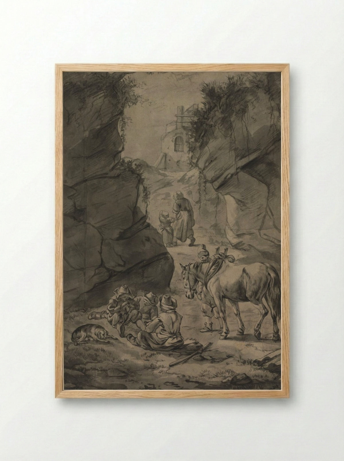 Peasants in a Rocky Landscape - Jan Wouwerman - Framed Print Wood