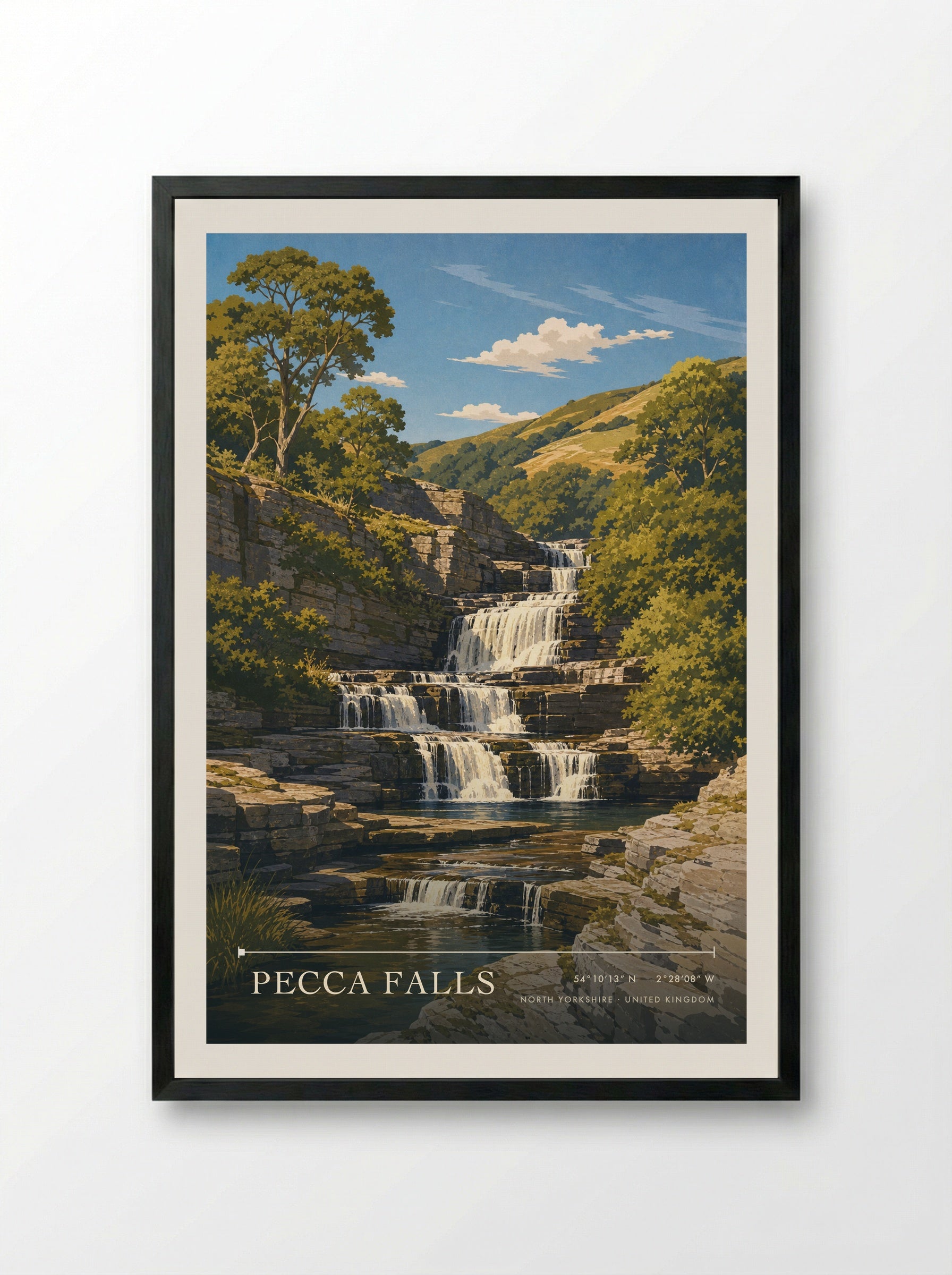 Pecca Falls North Yorkshire United Kingdom Travel Poster - Framed Print Black
