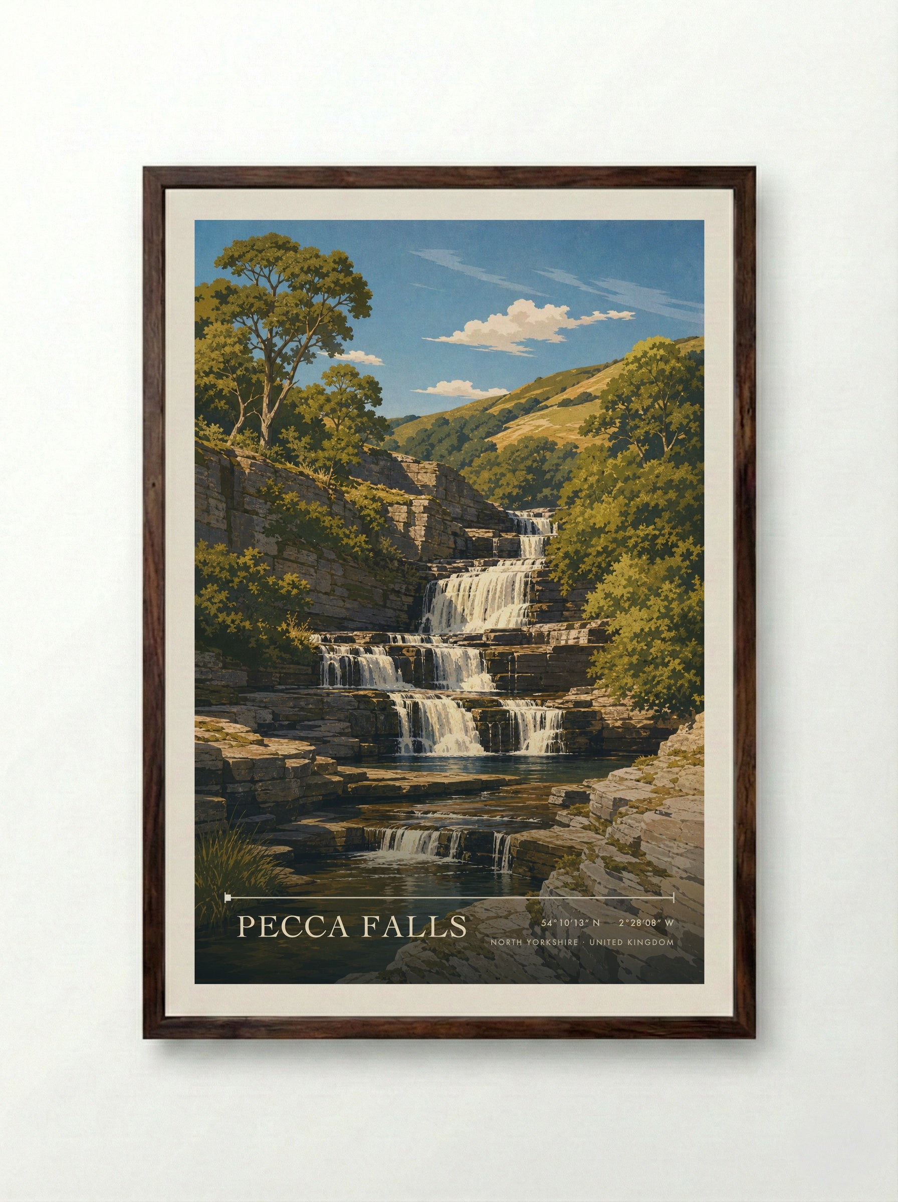 Pecca Falls North Yorkshire United Kingdom Travel Poster - Framed Print Dark Wood