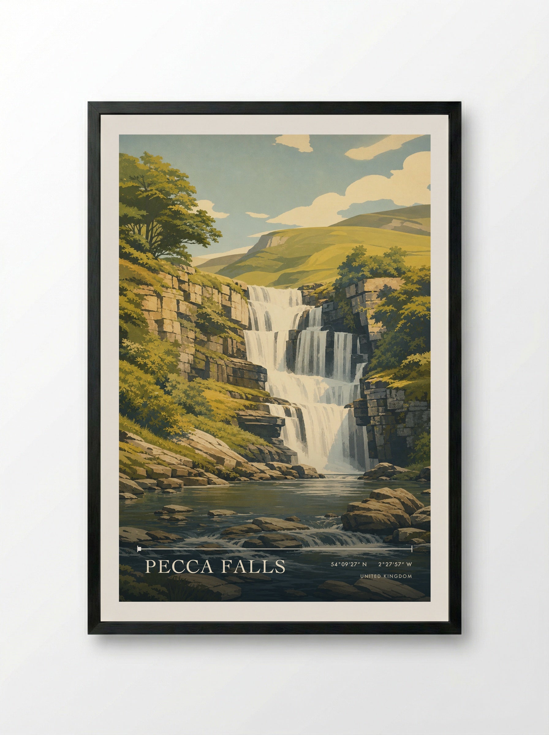Pecca Falls United Kingdom Travel Poster - Framed Print Black