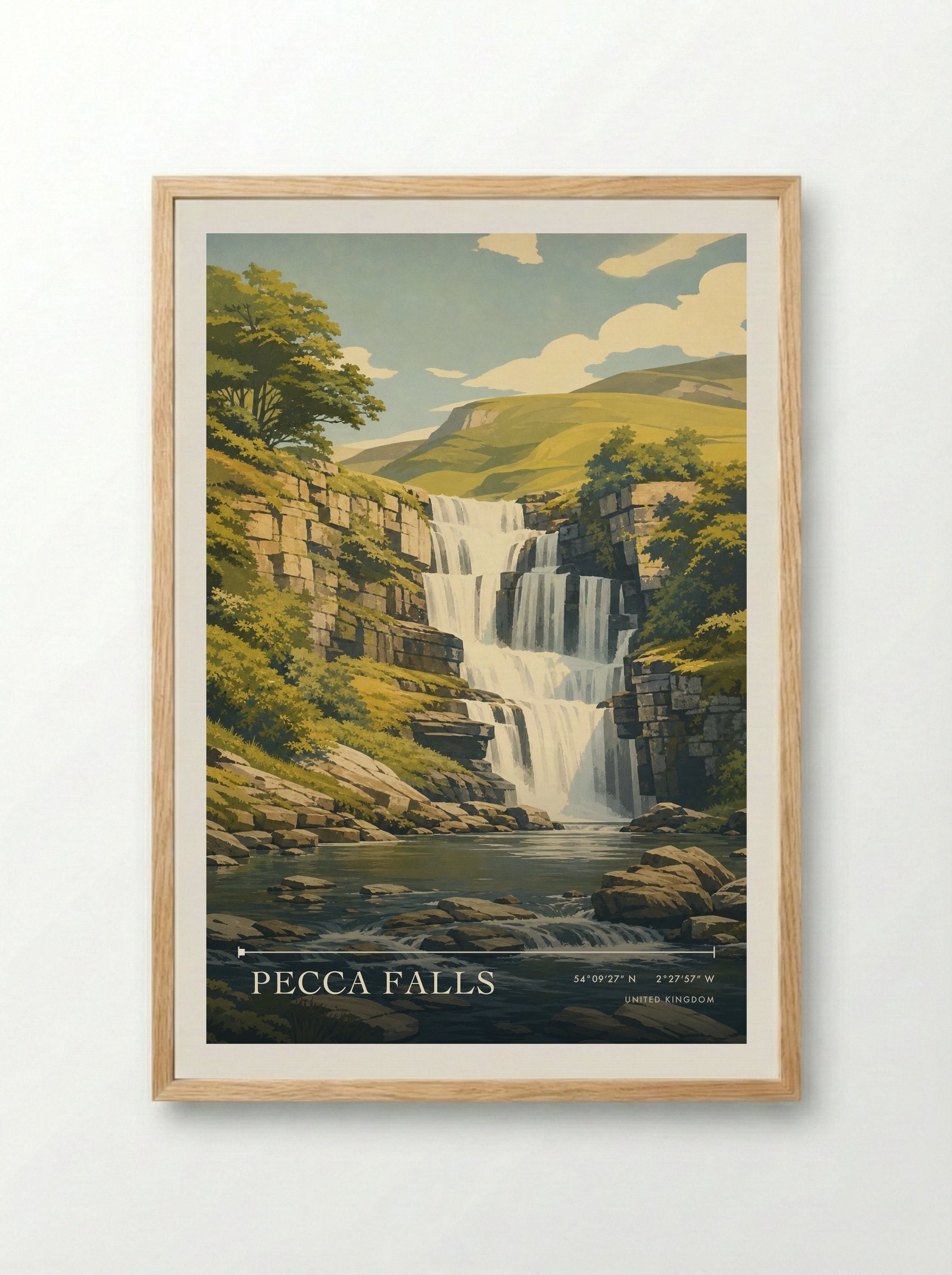 Pecca Falls United Kingdom Travel Poster - Framed Print Wood