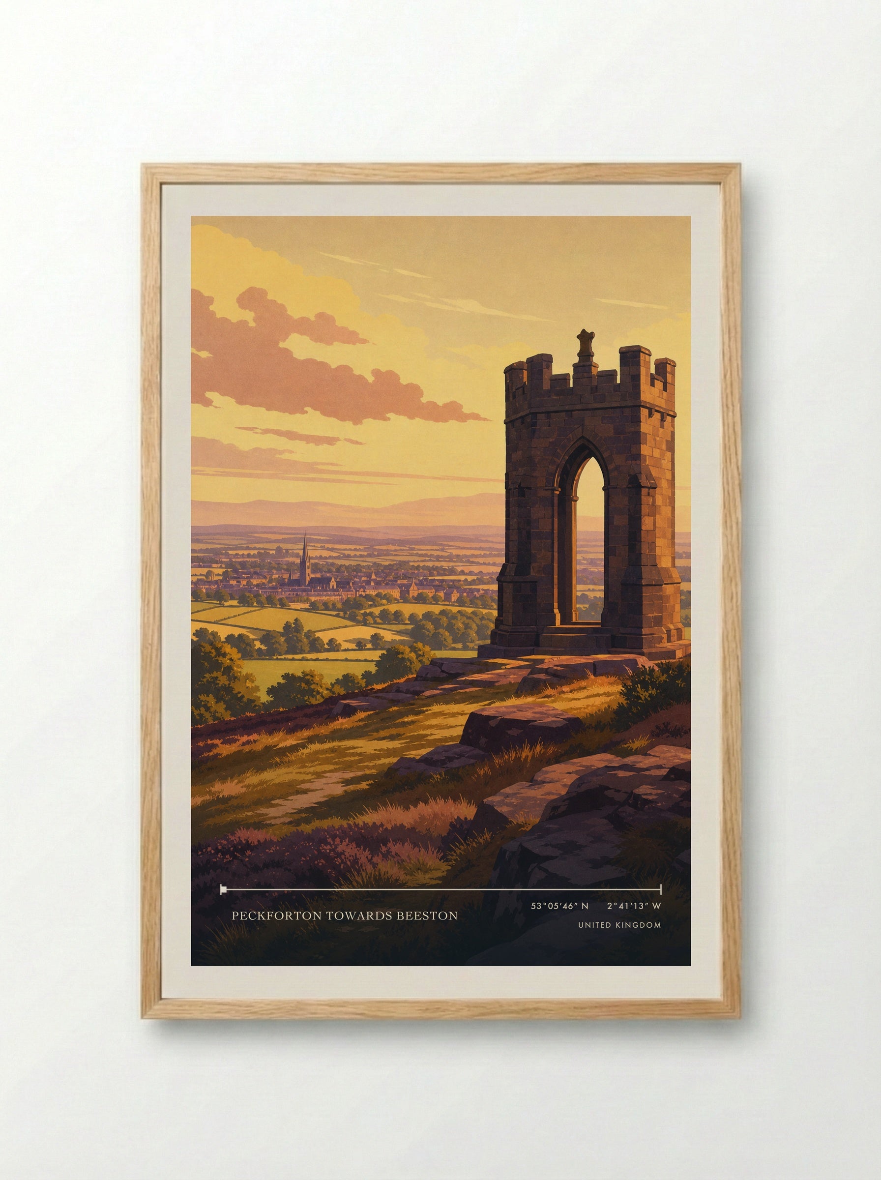 Peckforton towards Beeston United Kingdom Travel Poster - Framed Print Wood