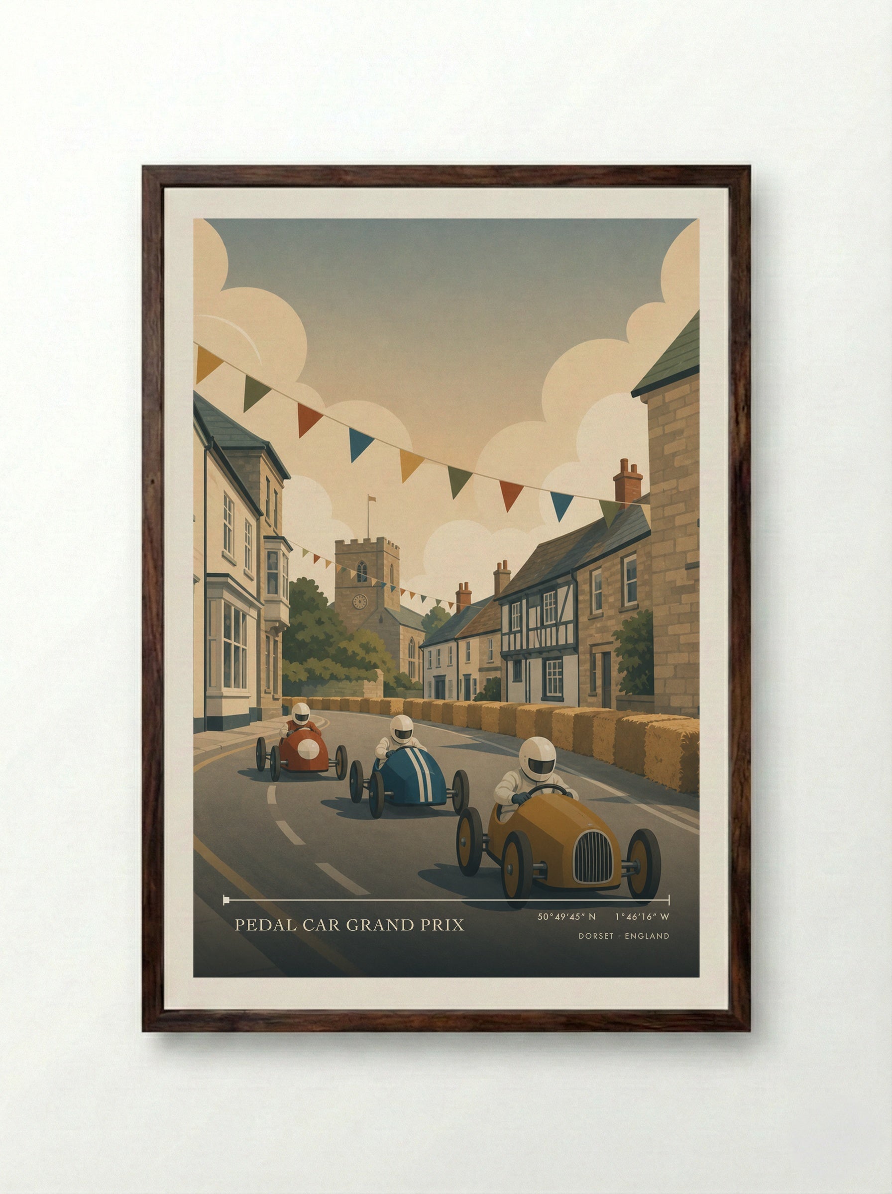 Pedal Car Grand Prix Dorset England Travel Poster - Framed Print Dark Wood