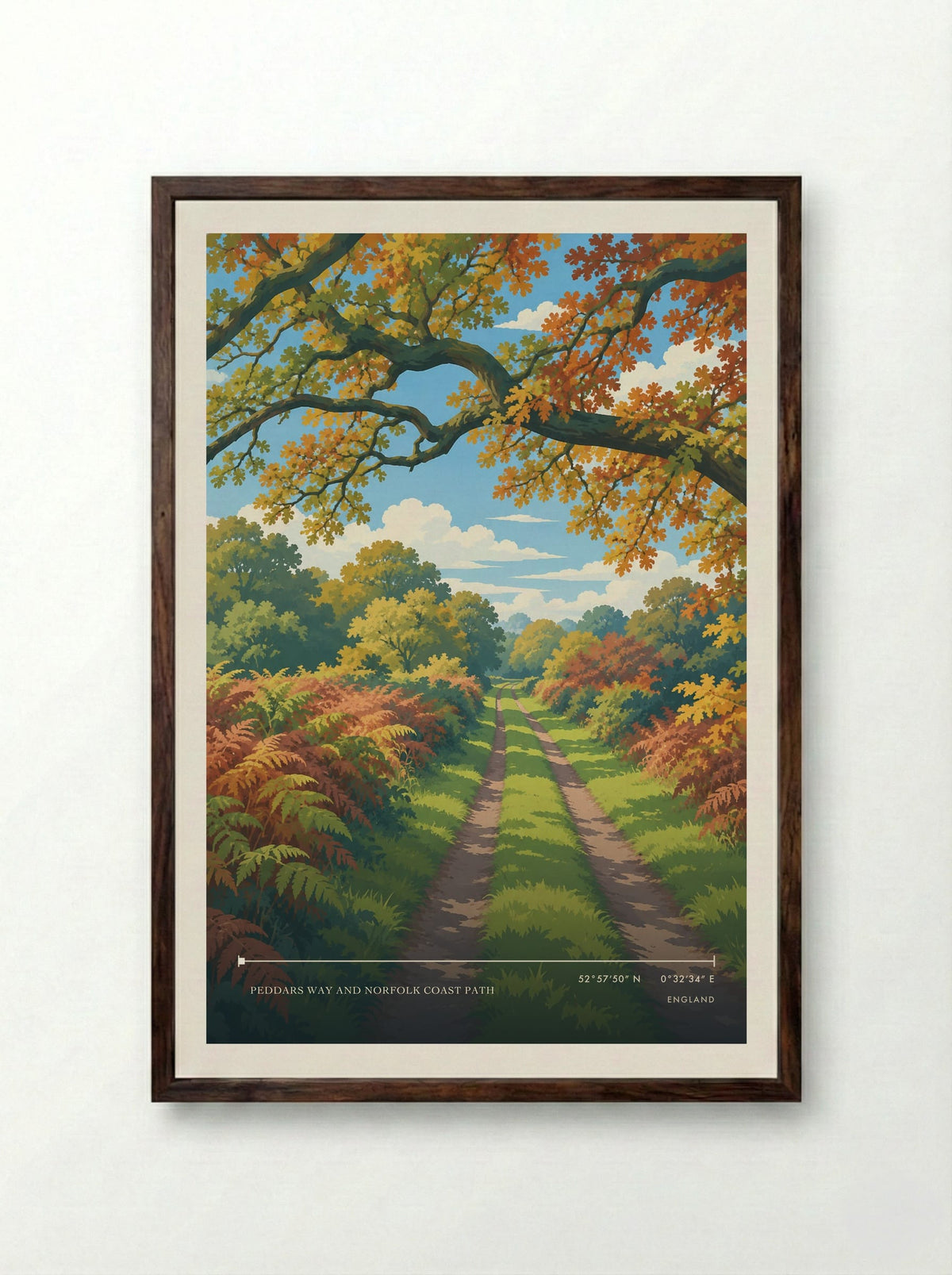 Peddars Way and Norfolk Coast Path | Travel Poster - Framed Print Dark Wood